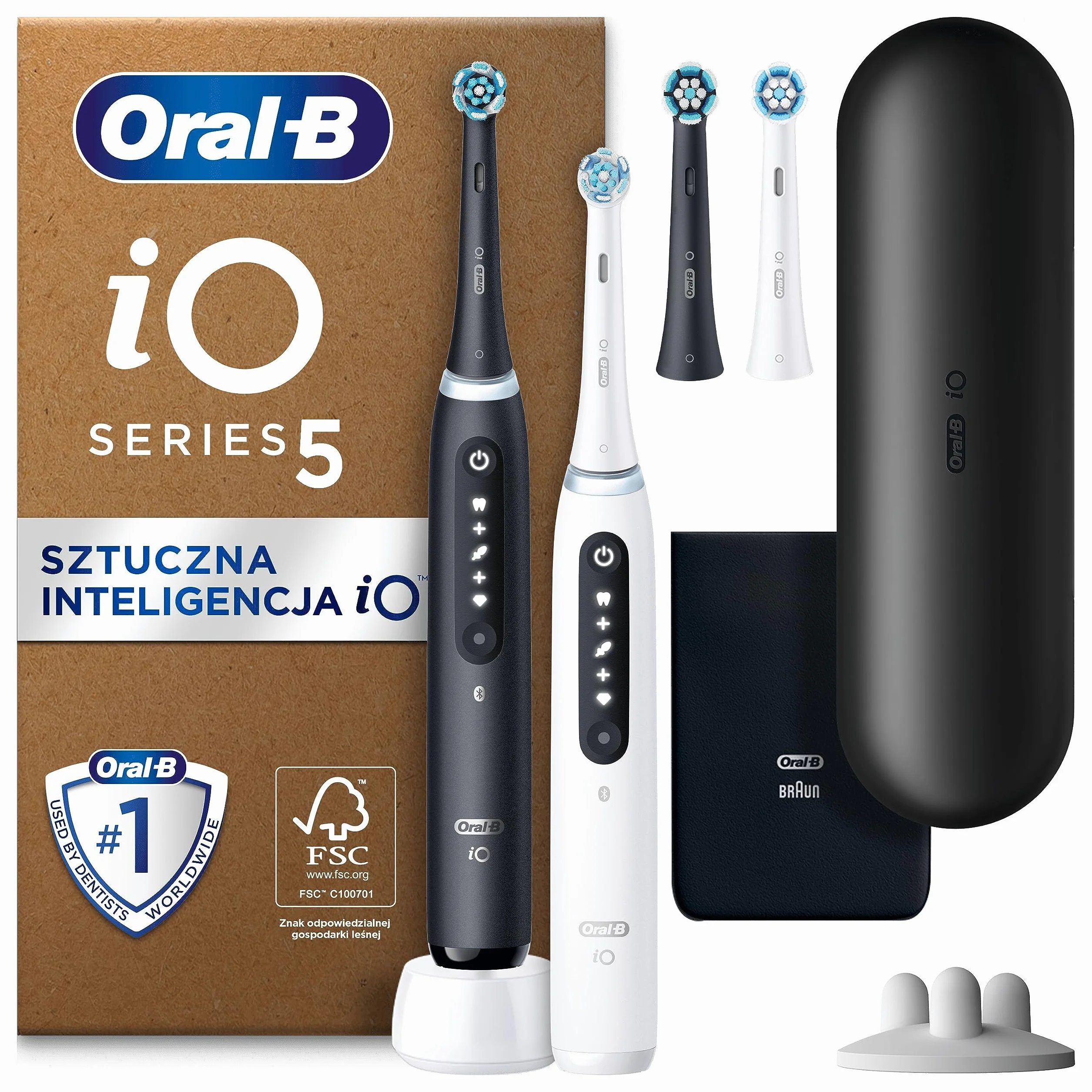 Oral-B iO 5 Podwójne opakowanie, Czarna i biała szczoteczka elektryczna, 4 końcówki do szczoteczek elektrycznych, 1 etui podróżne, Stworzona w technologii Braun