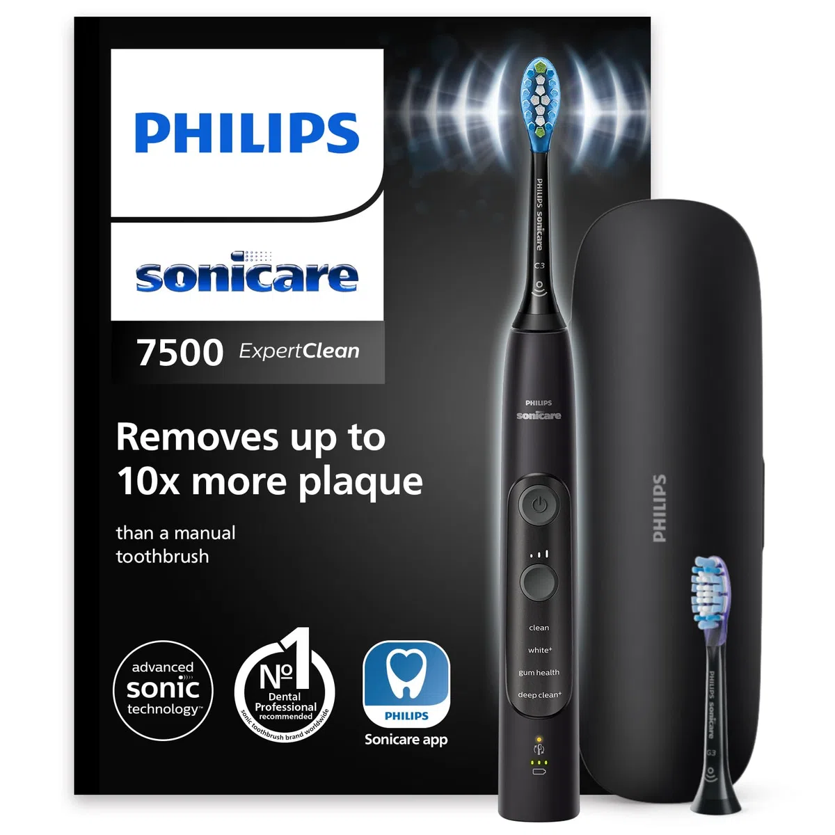 Elektryczna szczoteczka do zębów Philips Sonicare ExpertClean 7500, szczoteczka soniczna z aplikacją, czujnik nacisku, etui podróżne, kolor czarny, model HX9631/16