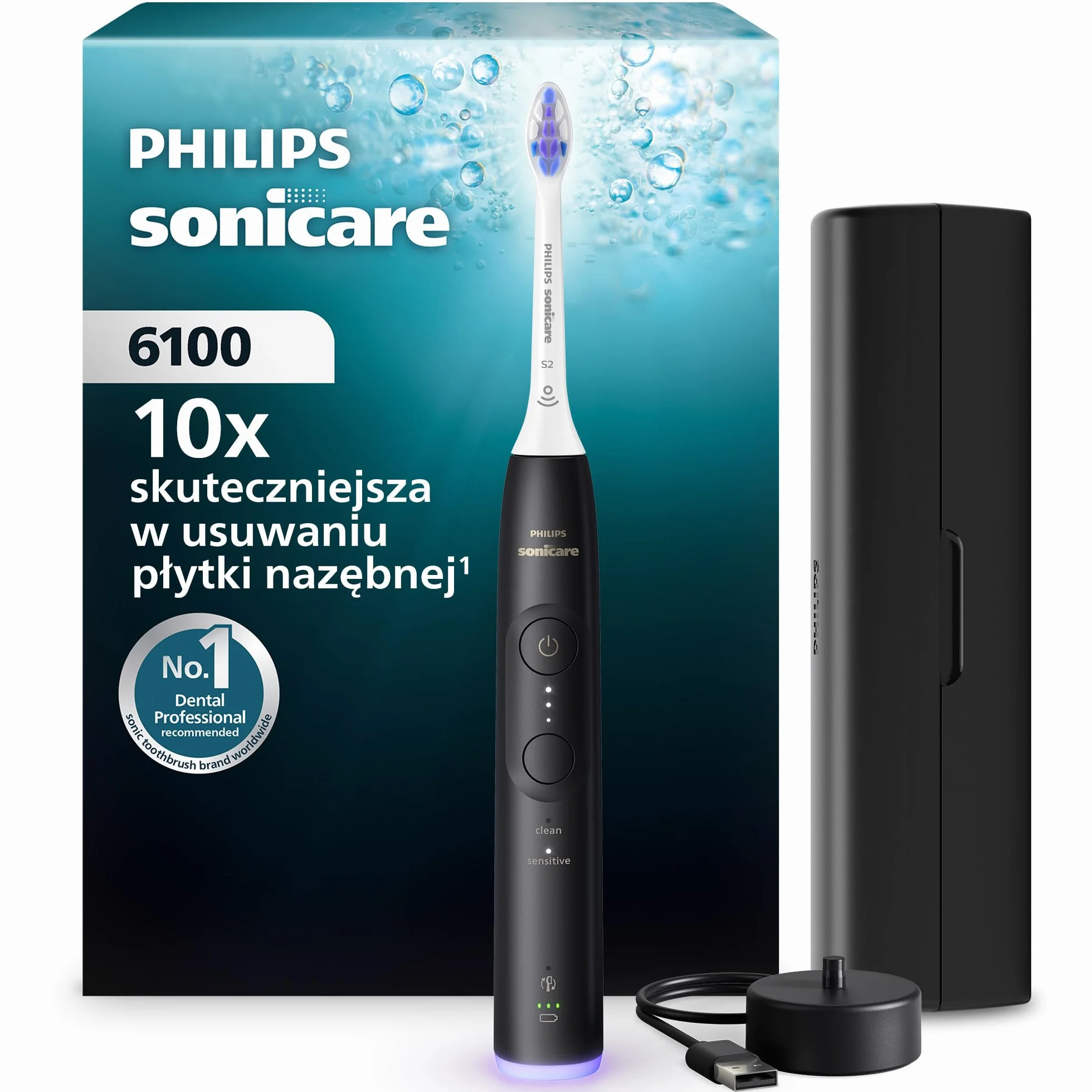 Philips Sonicare 6100 Elektryczna szczoteczka do zębów, szczoteczka soniczna z 2 trybami szczotkowania i 3 poziomami intensywności, alert nacisku, SmarTimer, kolor czarny, HX7401/07 [Nowa technologia]