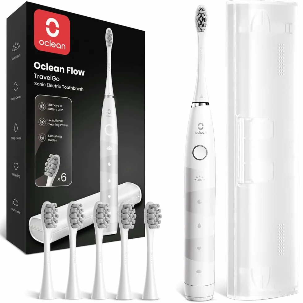 Oclean TravelGo FlowSet Sonic Electric Brush, ładowanie co 180 dni, 5 trybów, IPX7 wodoodporny, 2-minutowy timer, 6 głowic szczoteczki DuPont, etui podróżne, biały