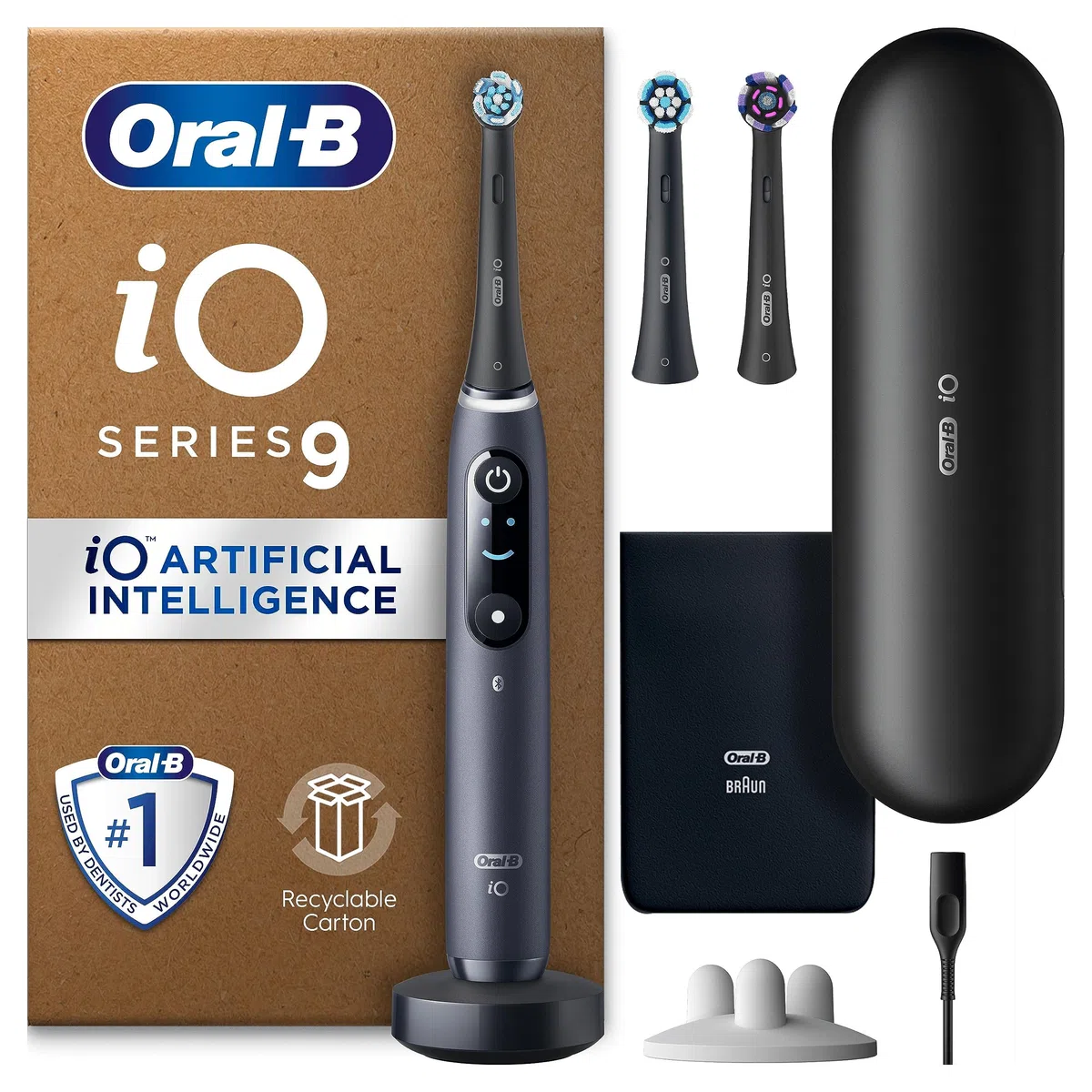 Oral-B iO 9 czarna elektryczna szczoteczka do zębów, 3 głowice szczoteczki do zębów, 1 etui podróżne do ładowania, zaprojektowana przez Braun