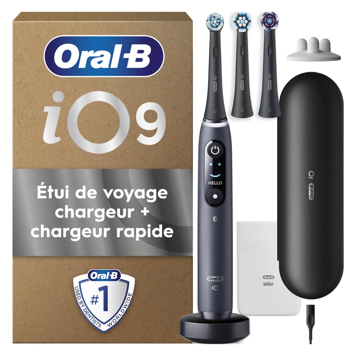 Oral-B Elektryczna szczoteczka do zębów iO9, czarna, 3 szczotki, 1 etui podróżne ładowarka, 1 kieszeń, 1 uchwyt na szczoteczki