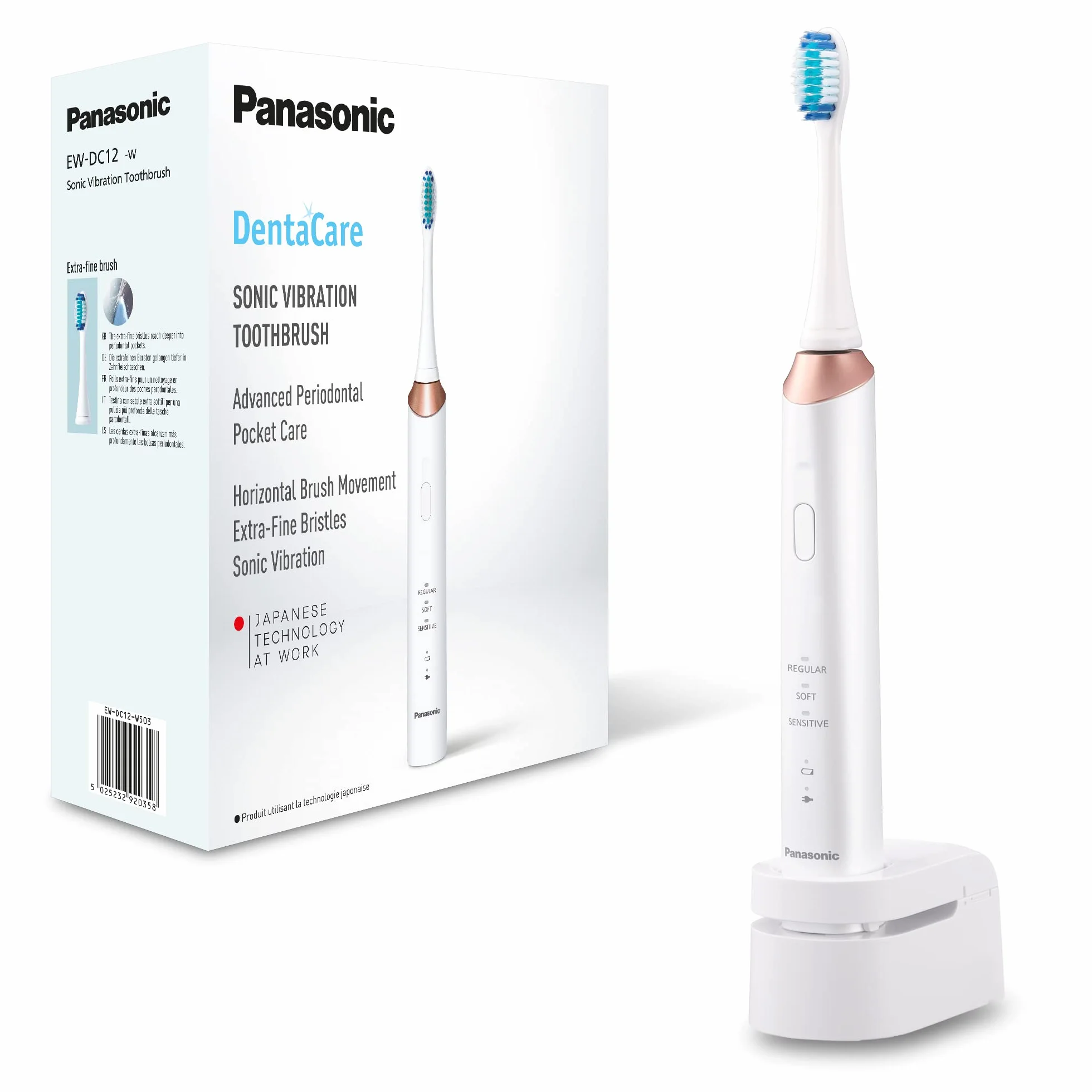 Panasonic EW-DC12 elektryczna szczoteczka soniczna do zębów (drobne włosie, silnik liniowy 31000 ruchów/min, 3 tryby szczotkowania, czasomierz), biała