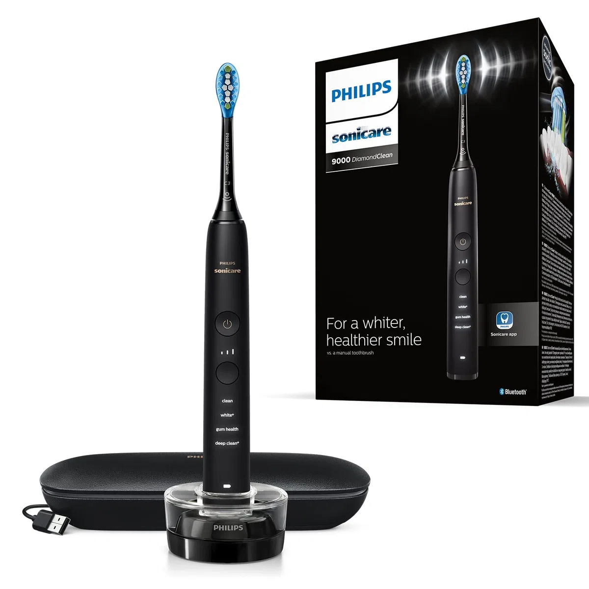 Philips Sonicare DiamondClean 9000 czarna elektryczna szczoteczka do zębów, 4 tryby, 3 intensywności, czujnik ciśnienia dziąseł, aplikacja, podłączony uchwyt, brytyjska 2-pinowa wtyczka łazienkowa