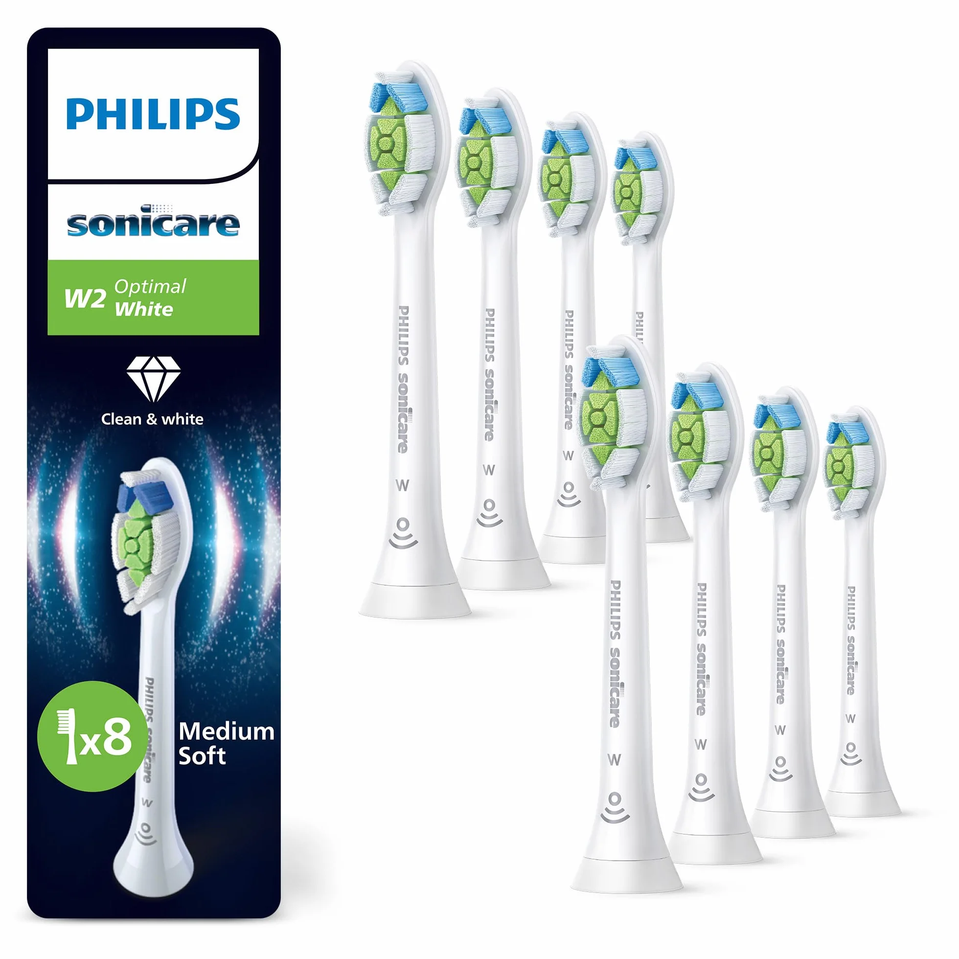 Philips Sonicare W2 Optimal White, oryginalne wymienne główki szczoteczki, kolor biały, 8 sztuk w opakowaniu, HX6068/87, Nowy