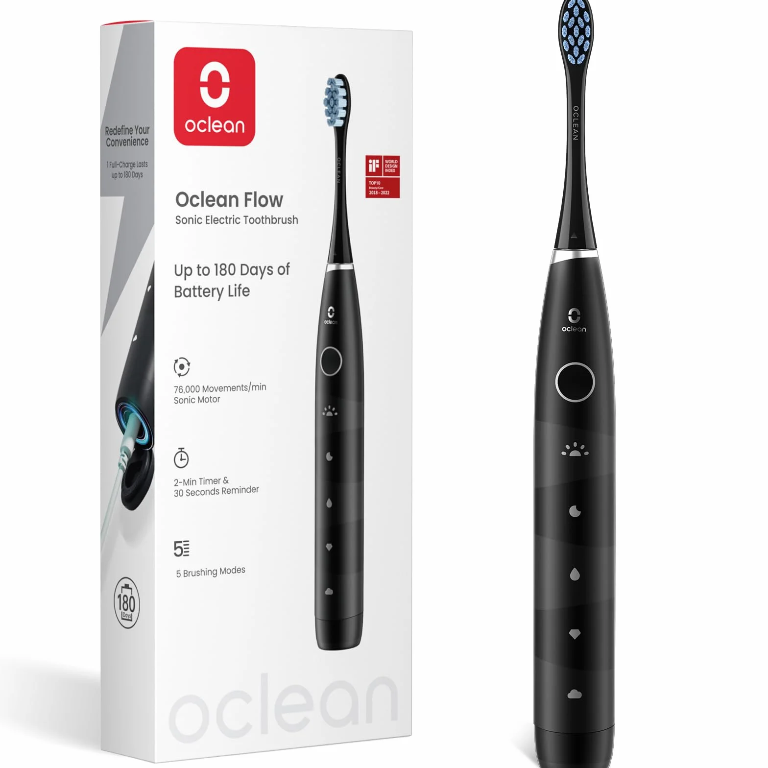 Oclean Elektryczna szczoteczka do zębów Flow, 180 dni pracy baterii Sonic Electric Toothbrush do podróży, 5 trybów pracy, szczoteczka soniczna z IPX7, wodoszczelna, do 2-minutowego timera, mycie zębów