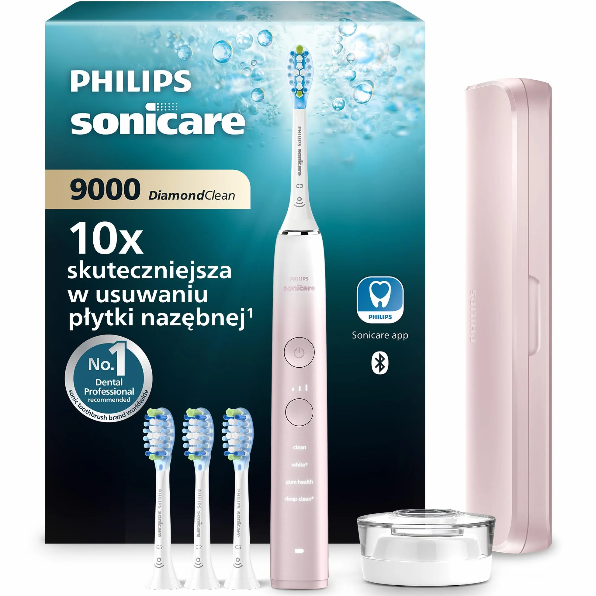 Szczoteczka elektryczna Philips Sonicare DiamondClean 9000, wersja specjalna, szczoteczka soniczna z aplikacją, czujnik nacisku, podstawka do ładowania, kolor różowy, model HX9911/79