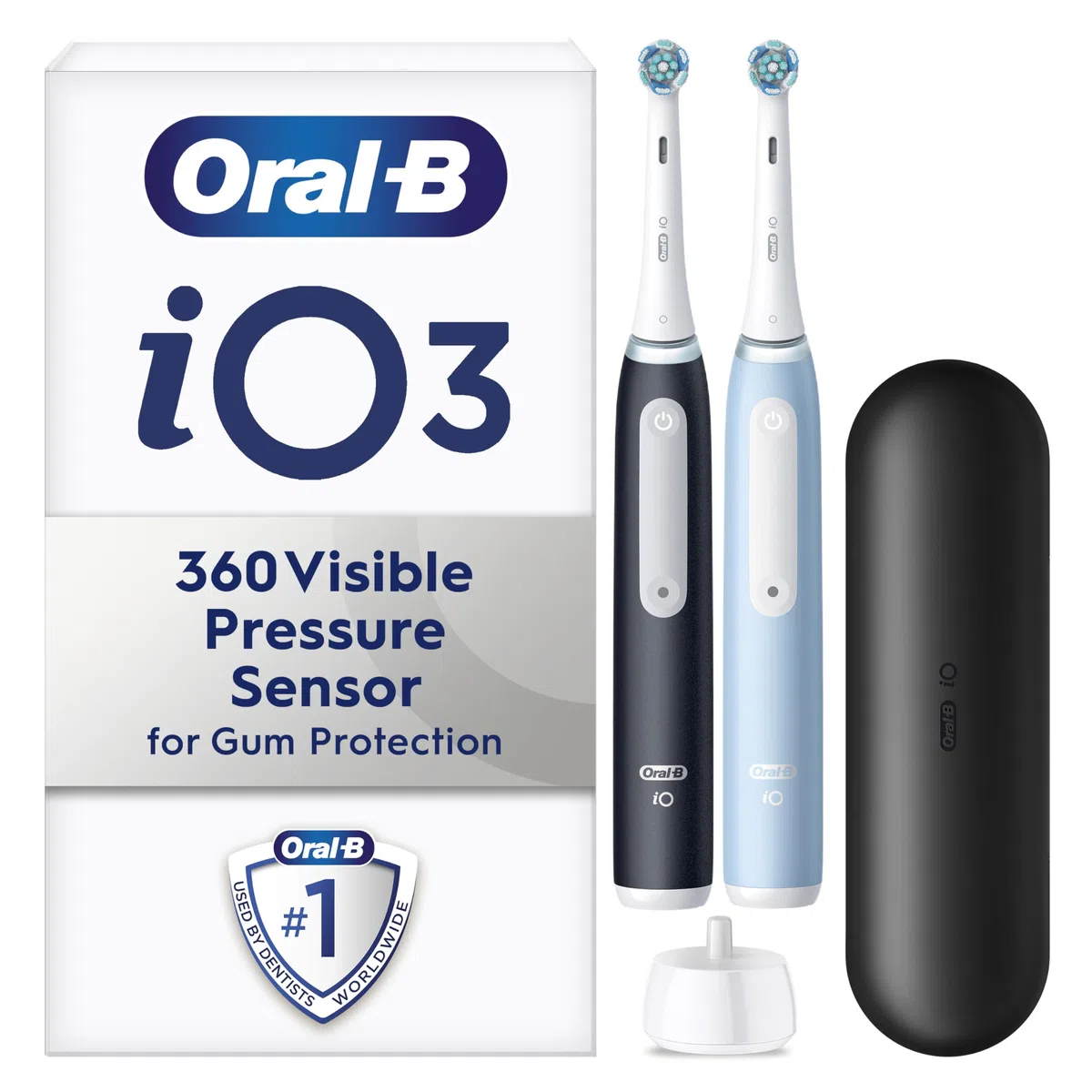 Oral-B iO3 2 x elektryczne szczoteczki do zębów dla dorosłych, prezenty świąteczne dla kobiet, dla niego, 2 głowice szczoteczki do zębów i 1 etui podróżne, 3 tryby z wybielaniem zębów, 2-pinowa