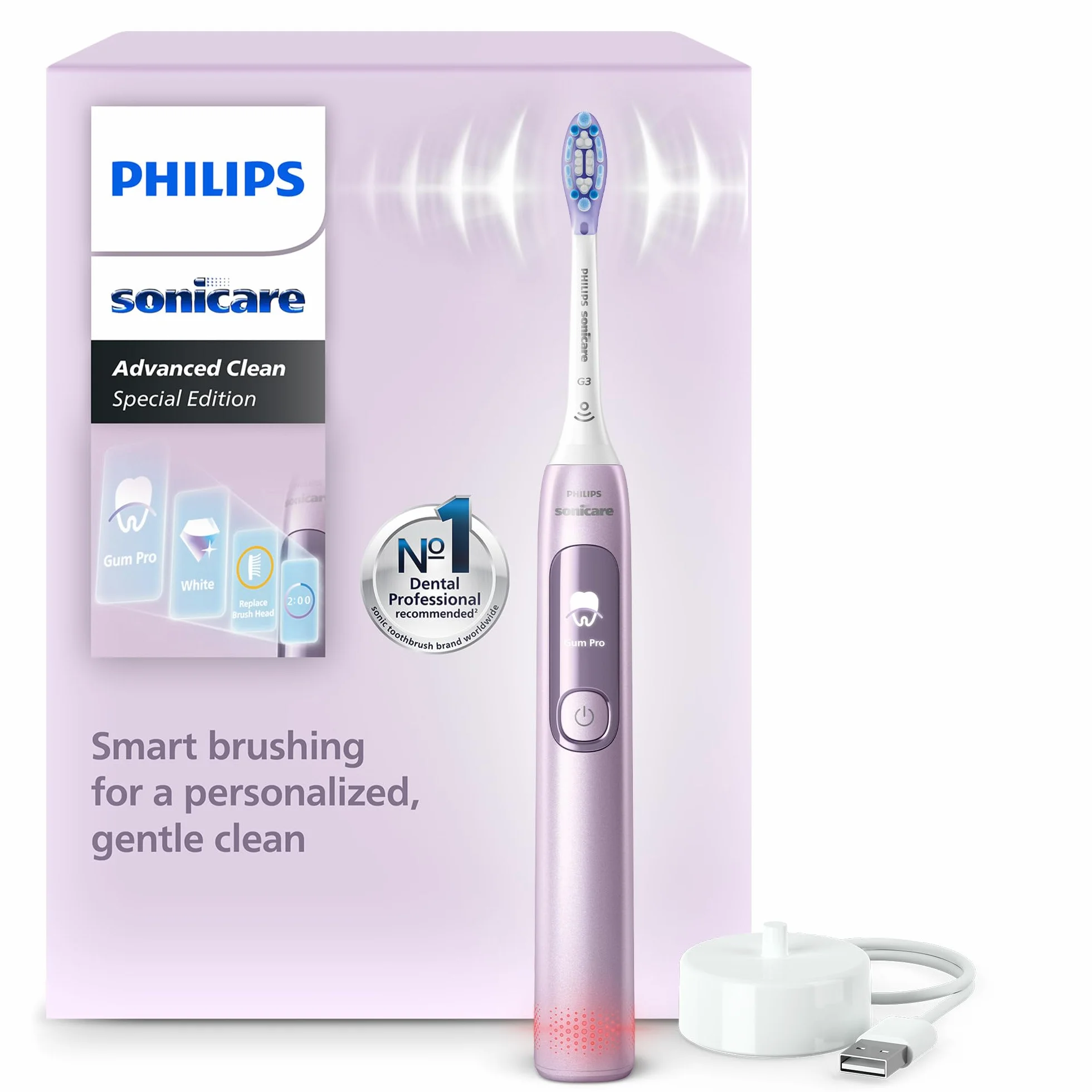 Szczoteczka soniczna Philips Sonicare AdvancedClean Limited Edition – inteligentny wyświetlacz, czujnik nacisku, wymienne główki, 5 trybów szczotkowania, funkcja SmarTimer, kolor Pink, HX3792/12
