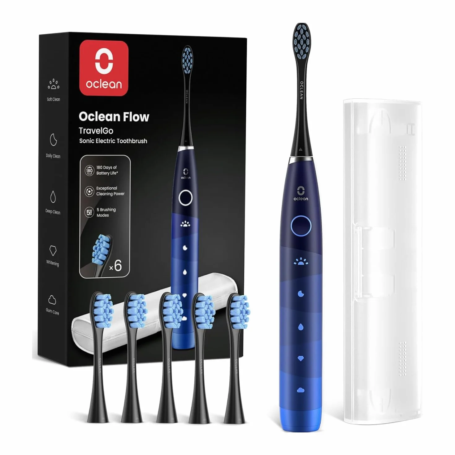 Oclean TravelGo FlowSet Sonic Electric Brush, ładowanie co 180 dni, 5 trybów, IPX7 wodoodporny, 2-minutowy timer, 6 głowic szczoteczki DuPont, etui podróżne, niebieski