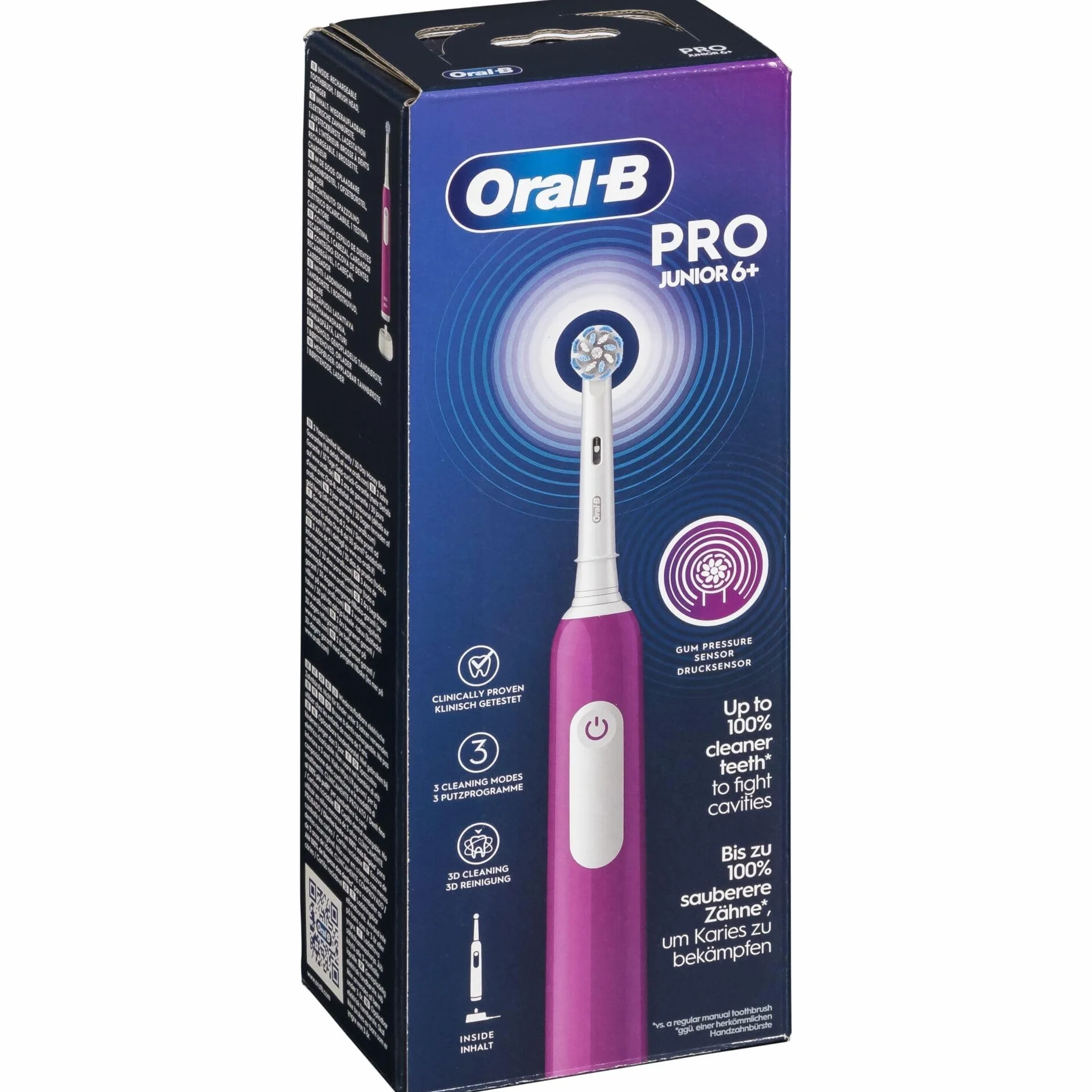 Oral-B Elektryczna szczoteczka do zębów Pro Junior dla dzieci, fioletowa, 1 miękka szczotka, timer i wibracje, akumulator, od 6 lat