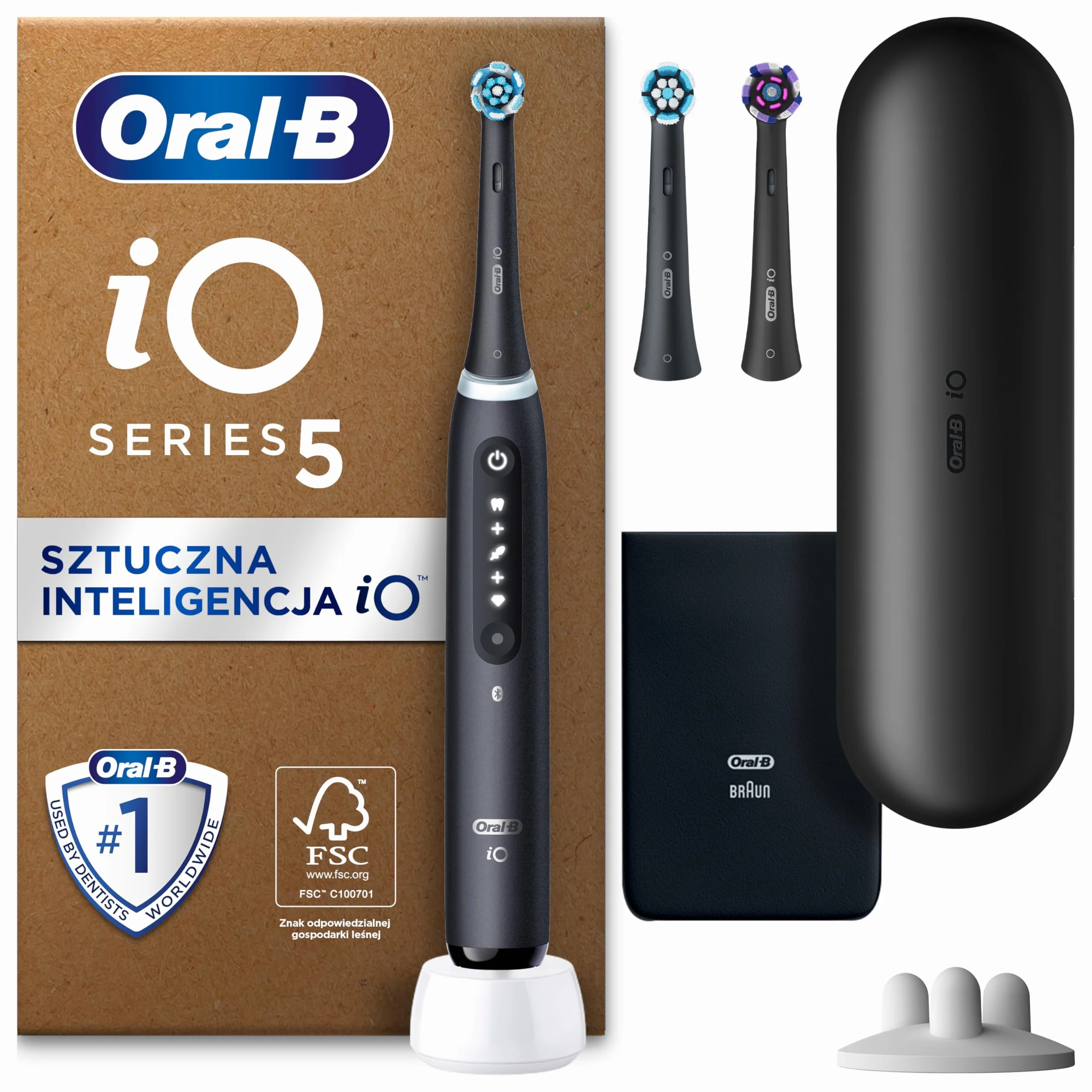 Oral-B iO Seria 5 Szczoteczka elektryczna z technologią magnetyczną iO, dla wrażliwych zębów, kompatybilna z aplikacją mobilną Oral-B, w zestawie 3 wymienne końcówki i etui podróżne, czarna