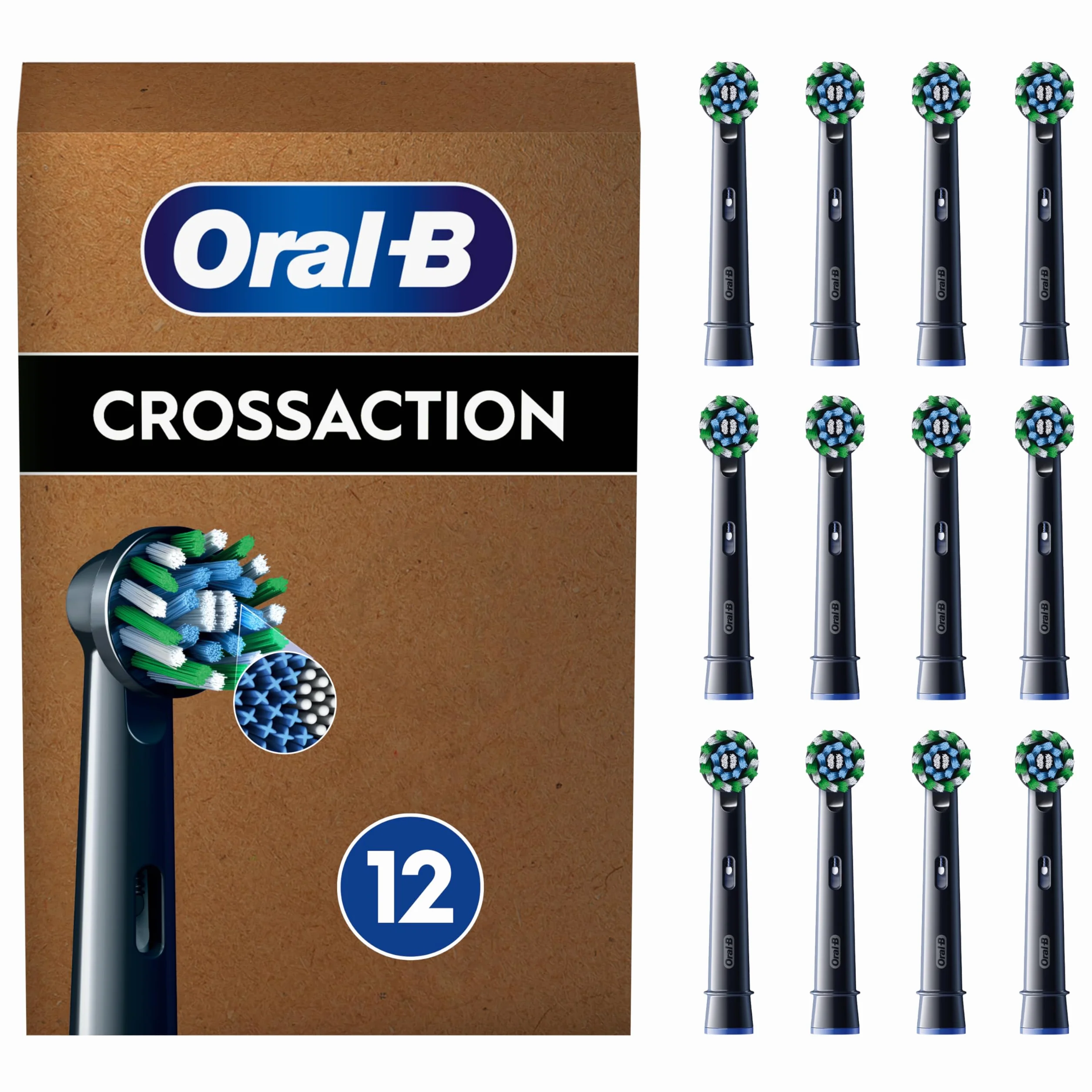 Oral-B Pro CrossAction Wymienne Końcówki Z Okrągłymi Główkami Dla Dokładnego, Delikatnego Mycia Zębów, Pasują Do Szczoteczek Elektrycznych Poza Pulsonic i iO, Zestaw 12 Sztuk, Czarne