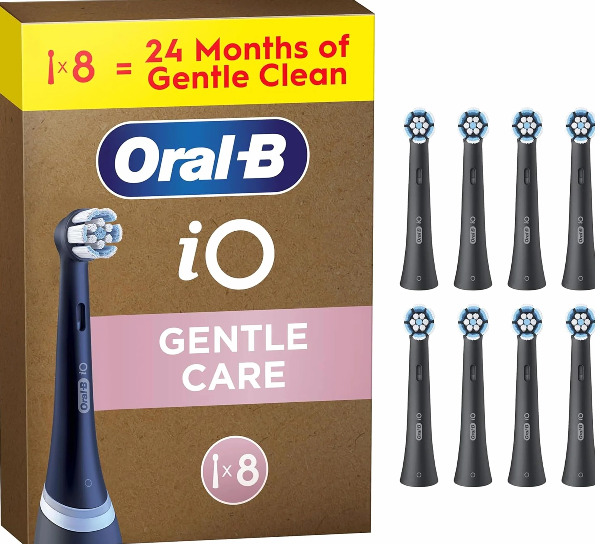 Oral-B iO Gentle Care Black Oryginalne wymienne okrągłe końcówki szczoteczek, włókna pod kątem do lepszego usuwania płytki bakteryjnej,końcówka z miękkimi włóknami,do nadwrażliwych dziąseł,Oral-B iO,8