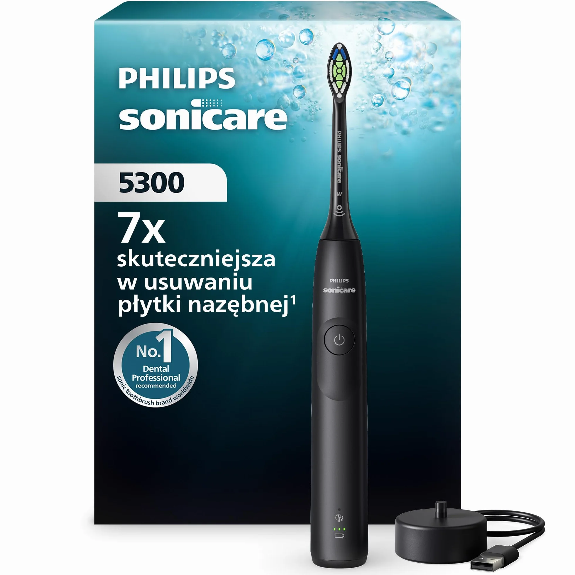 Philips Sonicare 5300 Elektryczna szczoteczka do zębów, szczoteczka soniczna z 2 poziomami intensywności, alertem nacisku, EasyStart, SmarTimer, kolor czarny, model HX7101/01 [Nowa technologia]