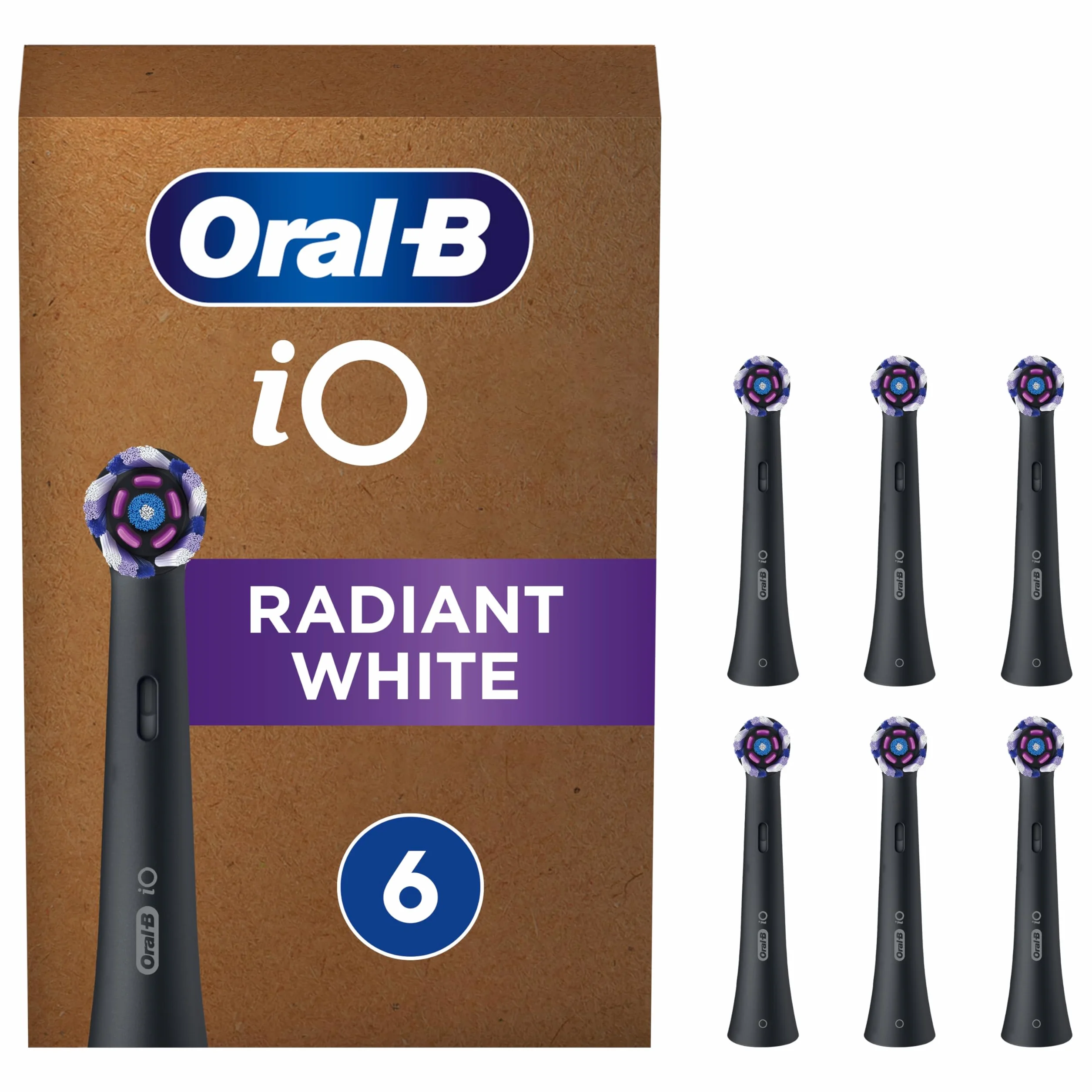 Oral-B iO Radiant White Czarne końcówki do szczoteczek elektrycznych, opakowanie zawiera 6 sztuki, wielkość odpowiednia do umieszczenia w skrzynce pocztowej
