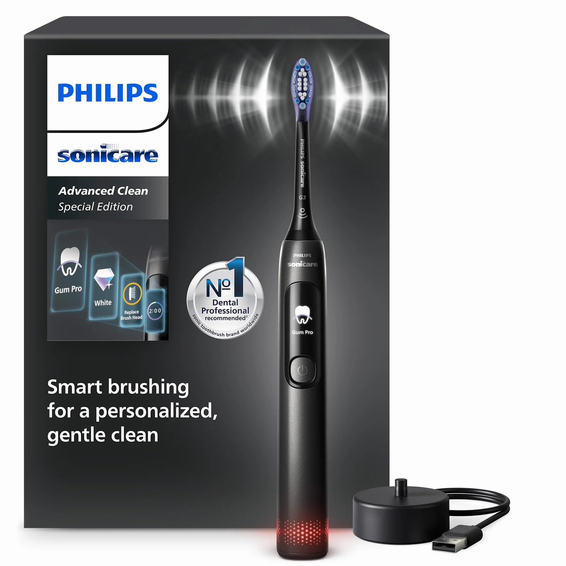 Szczoteczka soniczna Philips Sonicare AdvancedClean Limited Edition– inteligentny wyświetlacz, czujnik nacisku, wymienne główki, 5 trybów szczotkowania, funkcja SmarTimer, kolor Black, HX3792/11