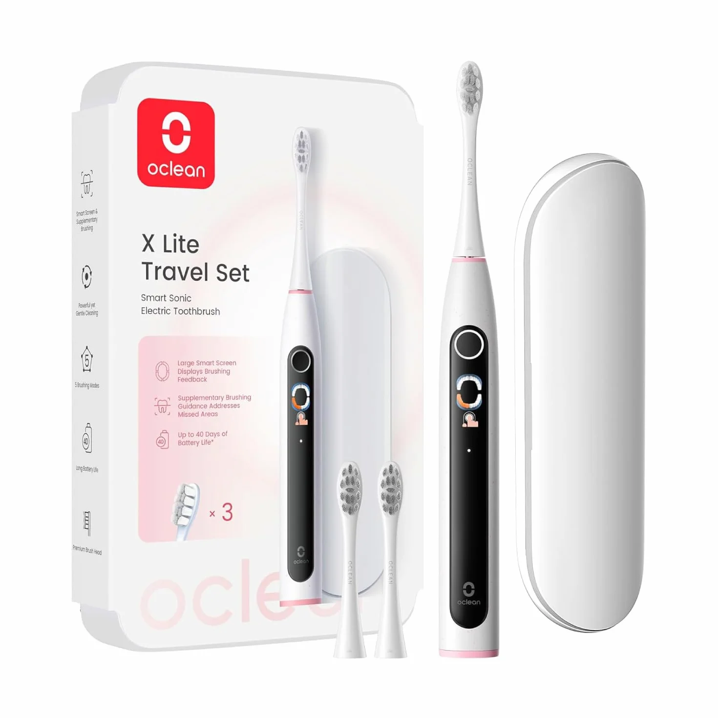 Oclean Elektryczna szczoteczka do zębów X Lite, 3 szczotki, 5 trybów i 40-dniowa żywotność baterii, elektryczna szczoteczka do zębów, idealna do podróży, etui podróżnego, zestaw szary