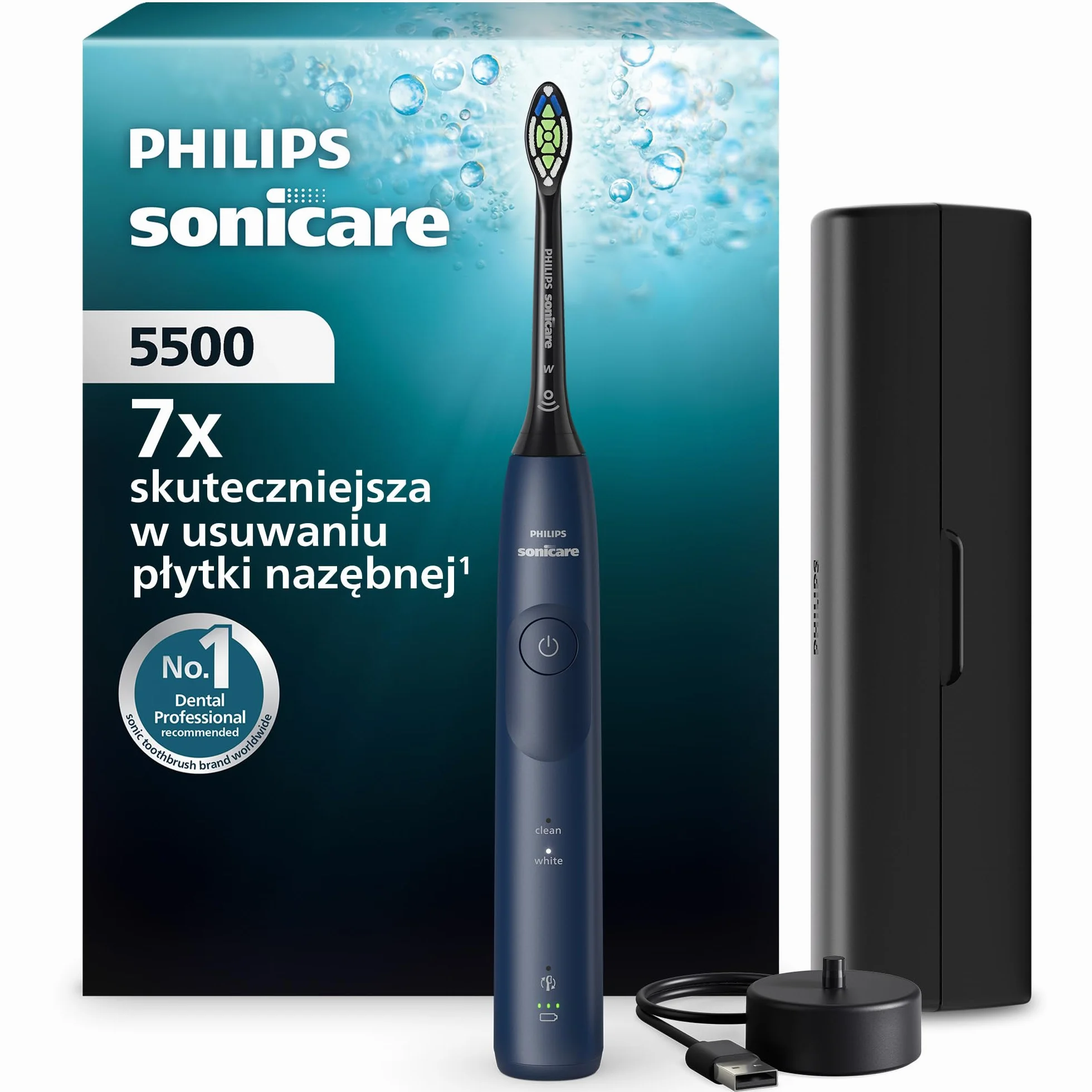 Philips Sonicare 5500 Elektryczna szczoteczka do zębów, szczoteczka soniczna z 2 trybami, alert nacisku, EasyStart, SmarTimer i BrushPacer, kolor granatowy., model HX7113/01 [Nowa technologia]