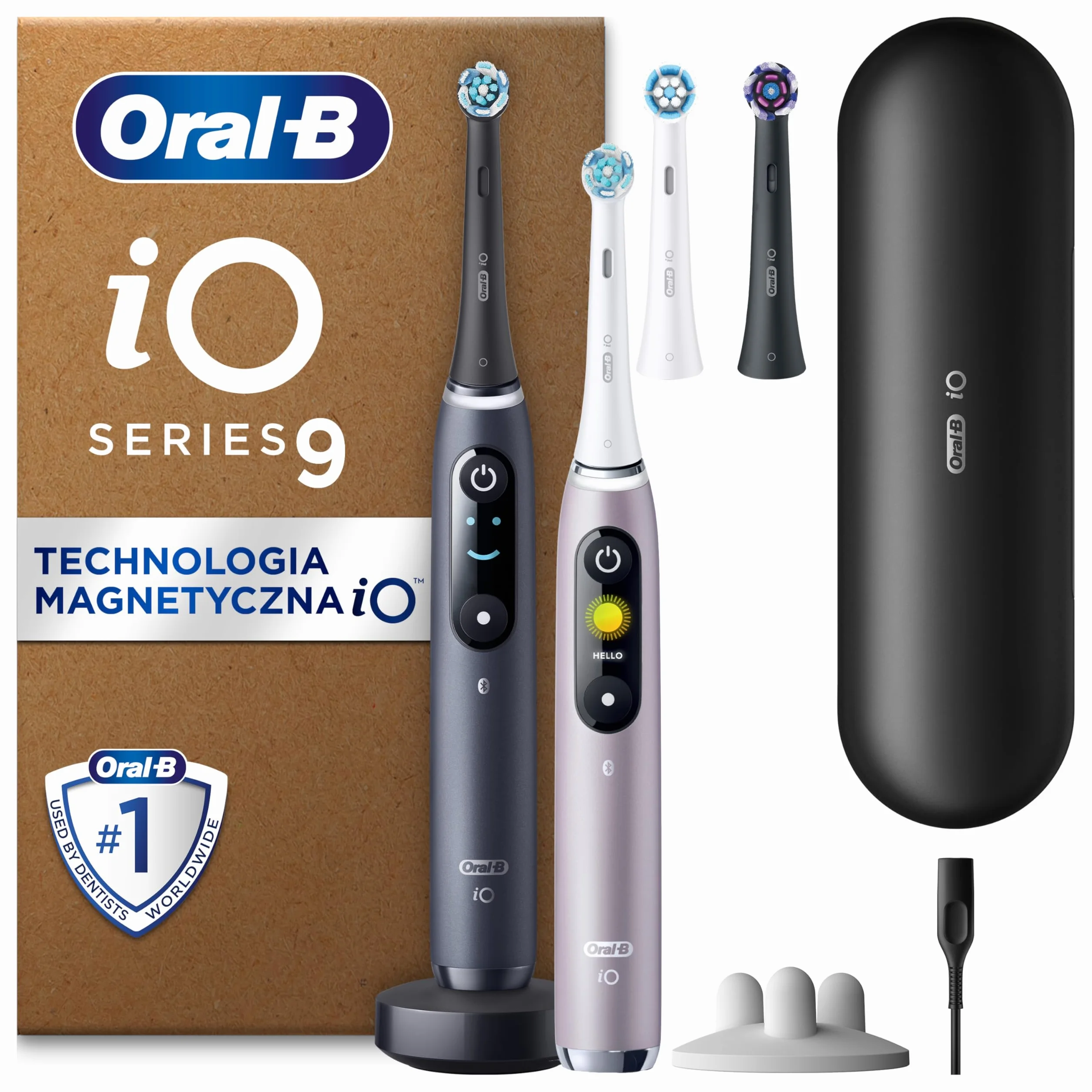 Oral-B iO 9 Podwójne opakowanie, czarna i różowa szczoteczka elektryczna, 3 końcówki do szczoteczek elektrycznych, 1 etui podróżne z funkcją ładowania, Stworzona w technologii Braun