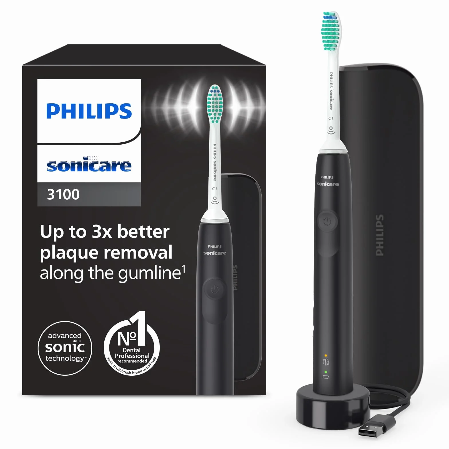 Philips Sonicare 3100, elektryczna soniczna szczoteczka do zębów z czujnikiem siły nacisku i zegarem programowanym, etui podróżne, kolor czarny, HX3673/14