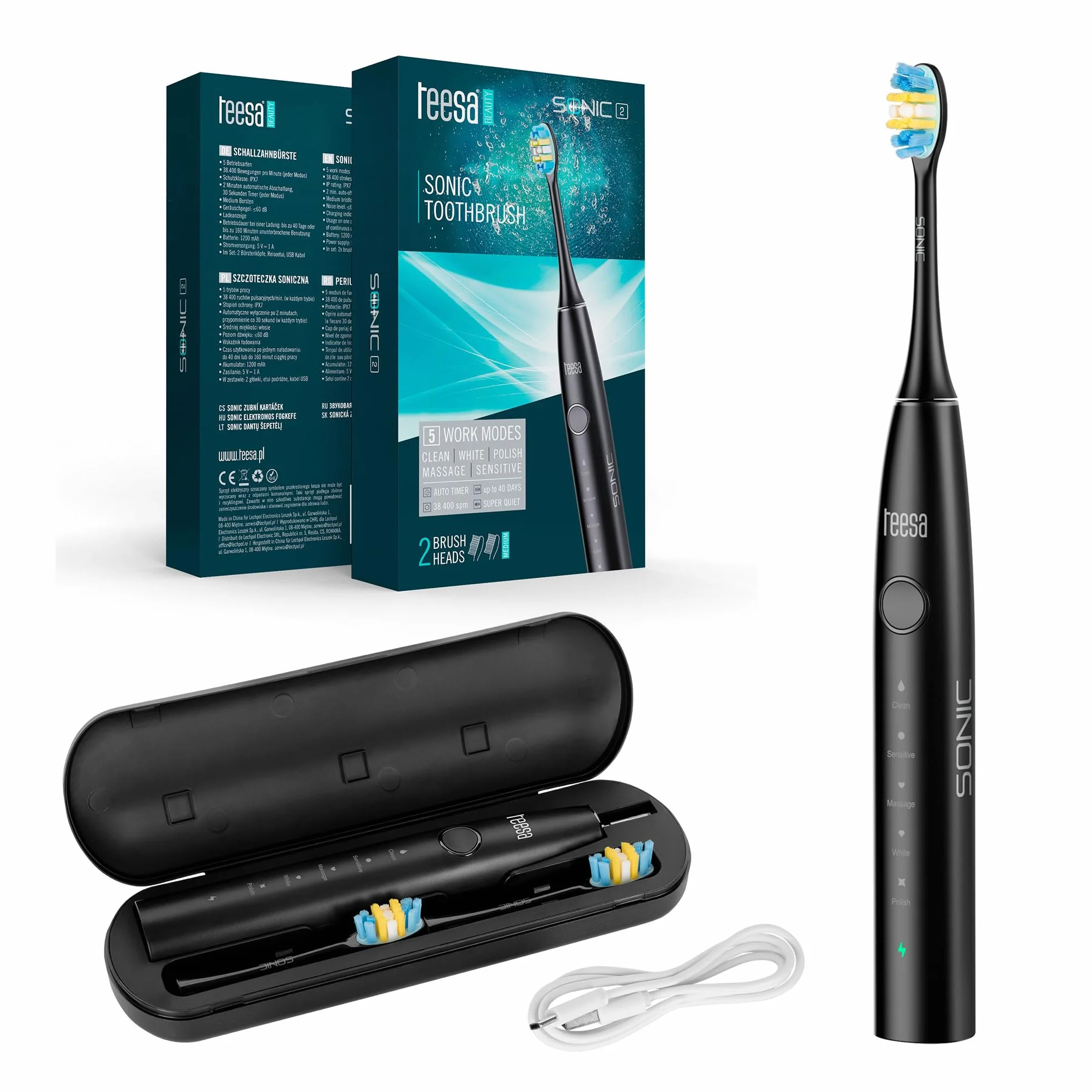 Teesa Soniczna Szczoteczka do Zębów SONIC 2 Etui Podróżne 5 Trybów Pracy Ochrona IPX7 TSA8087-B Czarna