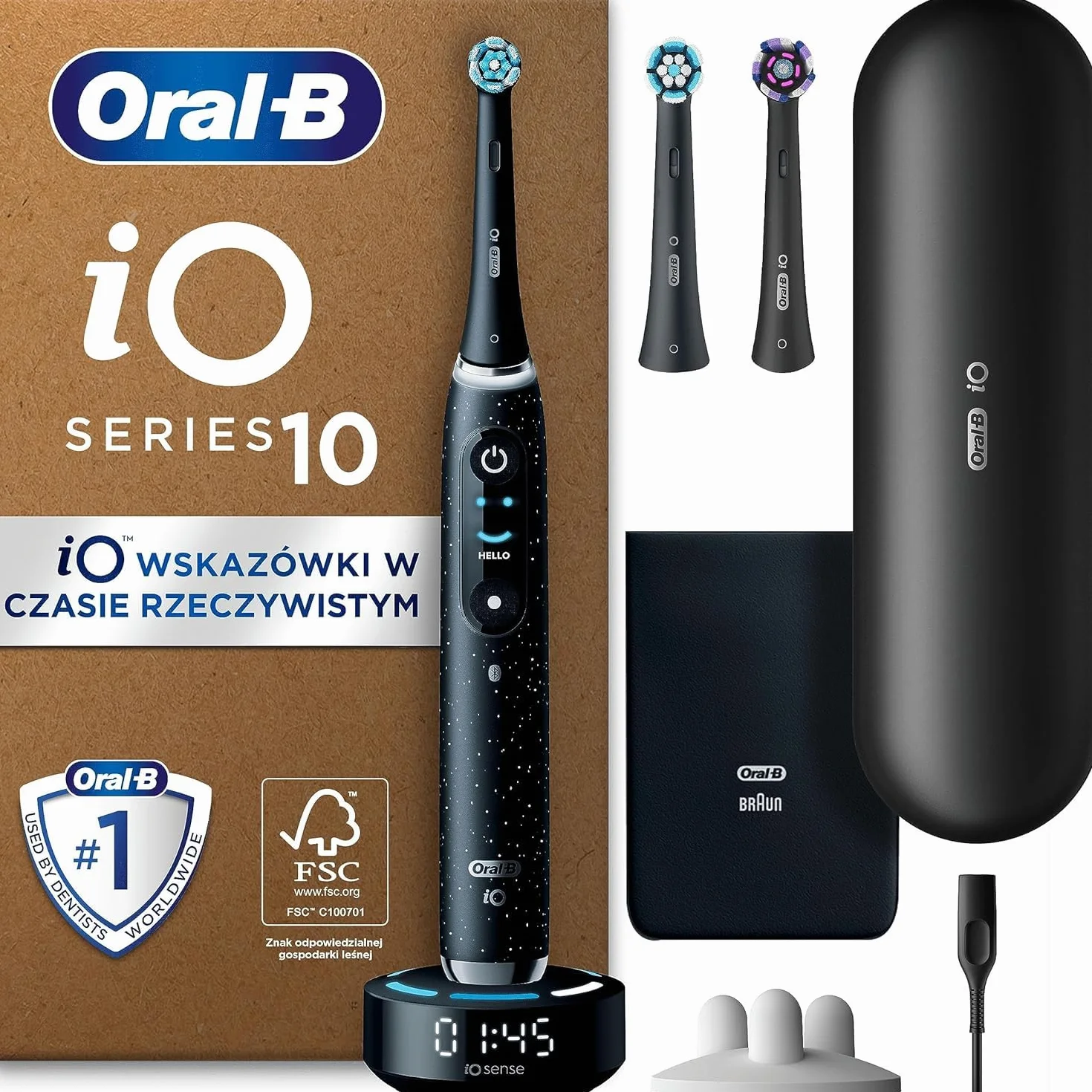 Oral-B iO 10 Czarna szczoteczka elektryczna, 3 końcówki do szczoteczek elektrycznych, 1 etui podróżne z funkcją ładowania, Stworzona w technologii Braun, Stworzona w technologii Braun