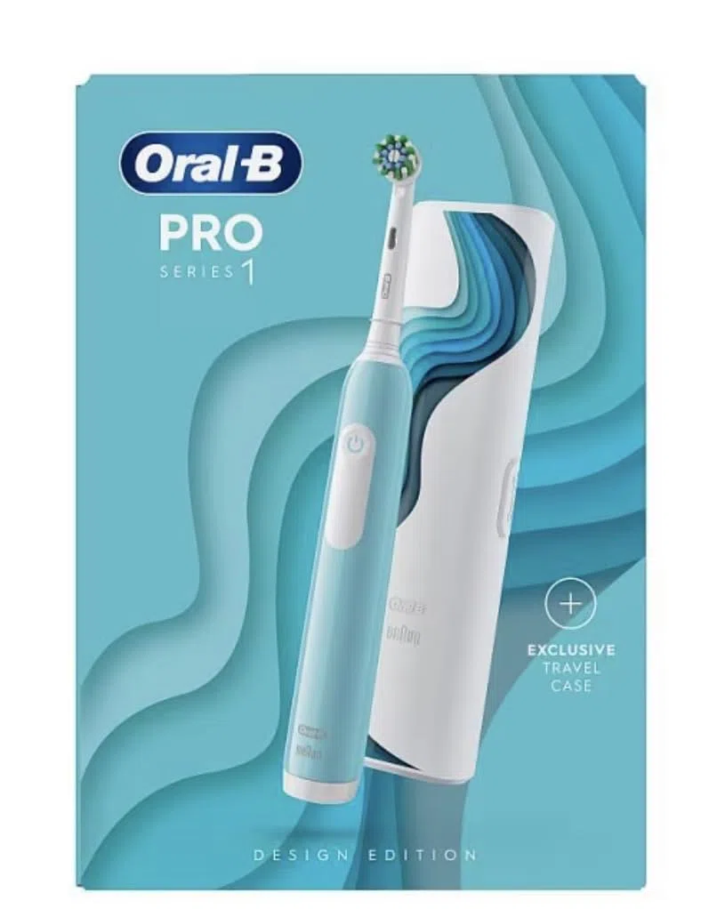 Oral-B Pro Series 1 elektryczna szczoteczka do zębów, 1 końcówka do szczoteczki, 3 tryby czyszczenia i czujnik ciśnienia do pielęgnacji zębów, etui podróżne, zaprojektowane przez brązowe, niebieskie