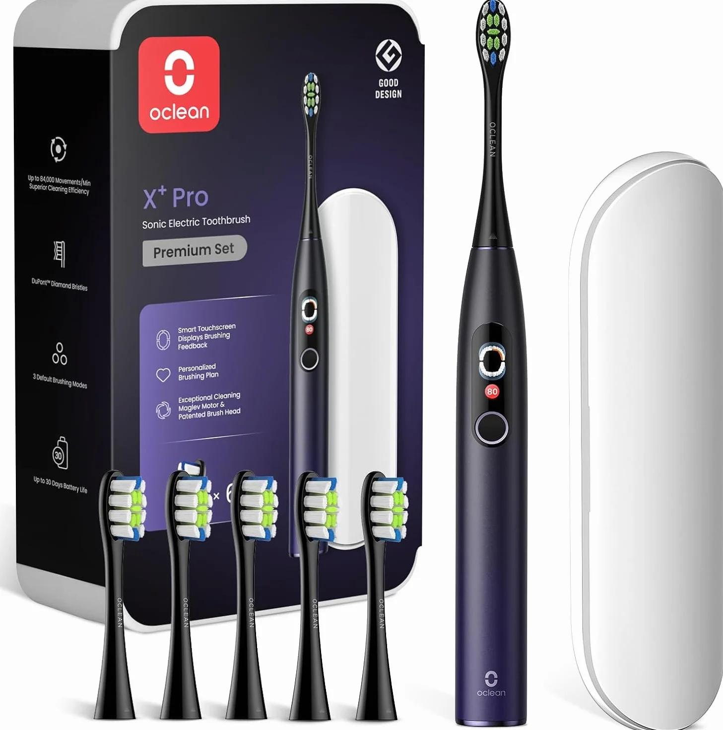 Oclean Elektryczna szczoteczka do zębów X Series Pro Travel Set, soniczna szczoteczka do zębów z ekranem, 3 tryby i 32 poziomy intensywności Sonic Electric Toothbrush z timerem, 6 sztuk głowic do