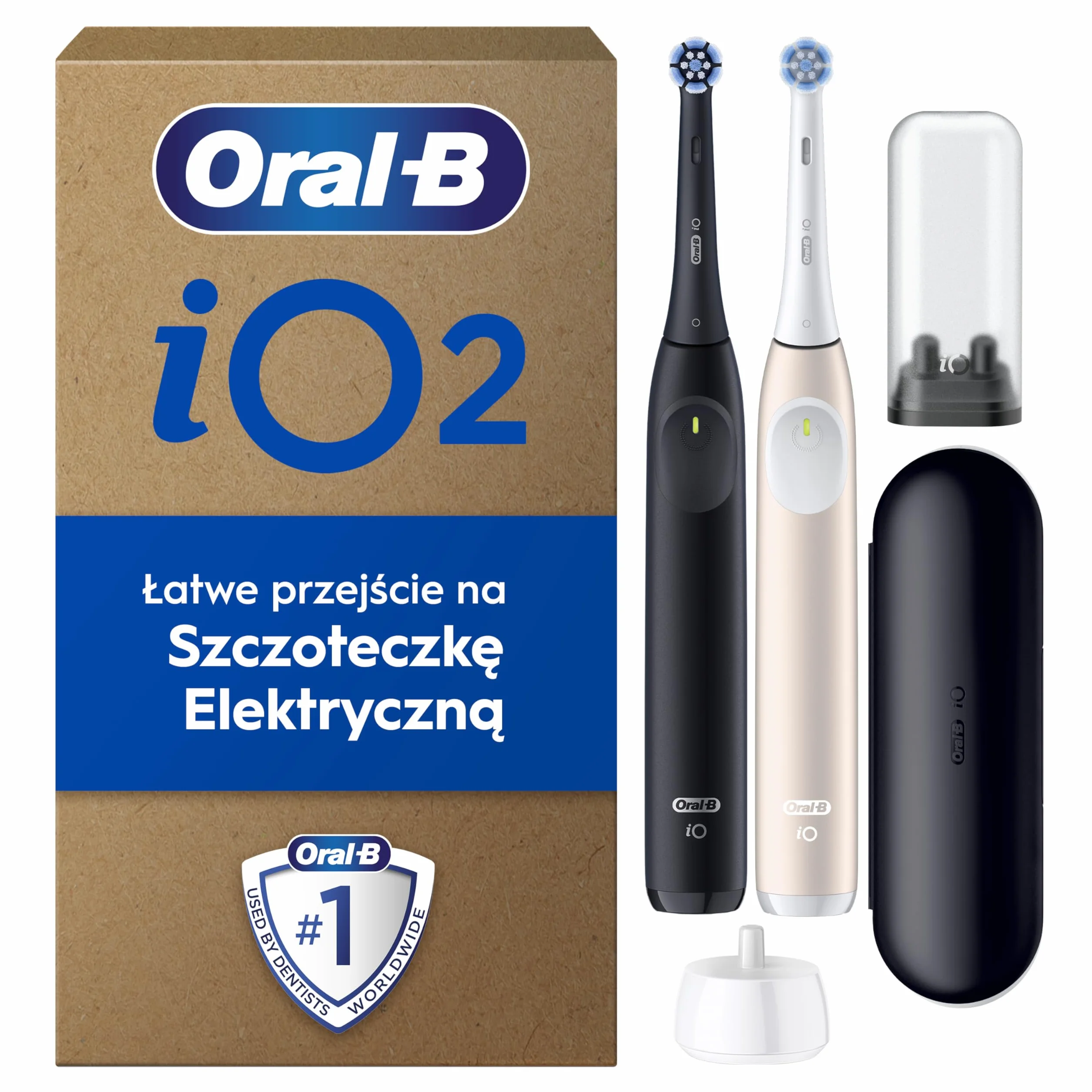 Oral-B iO 2 DUO Night Black i Calm Pink Szczoteczki elektryczne, 2 końcówki do szczoteczek elektrycznych, 1 etui podróżne, 1 podróżny uchwyt na końcówkę wymienną, stworzone w technologii Braun