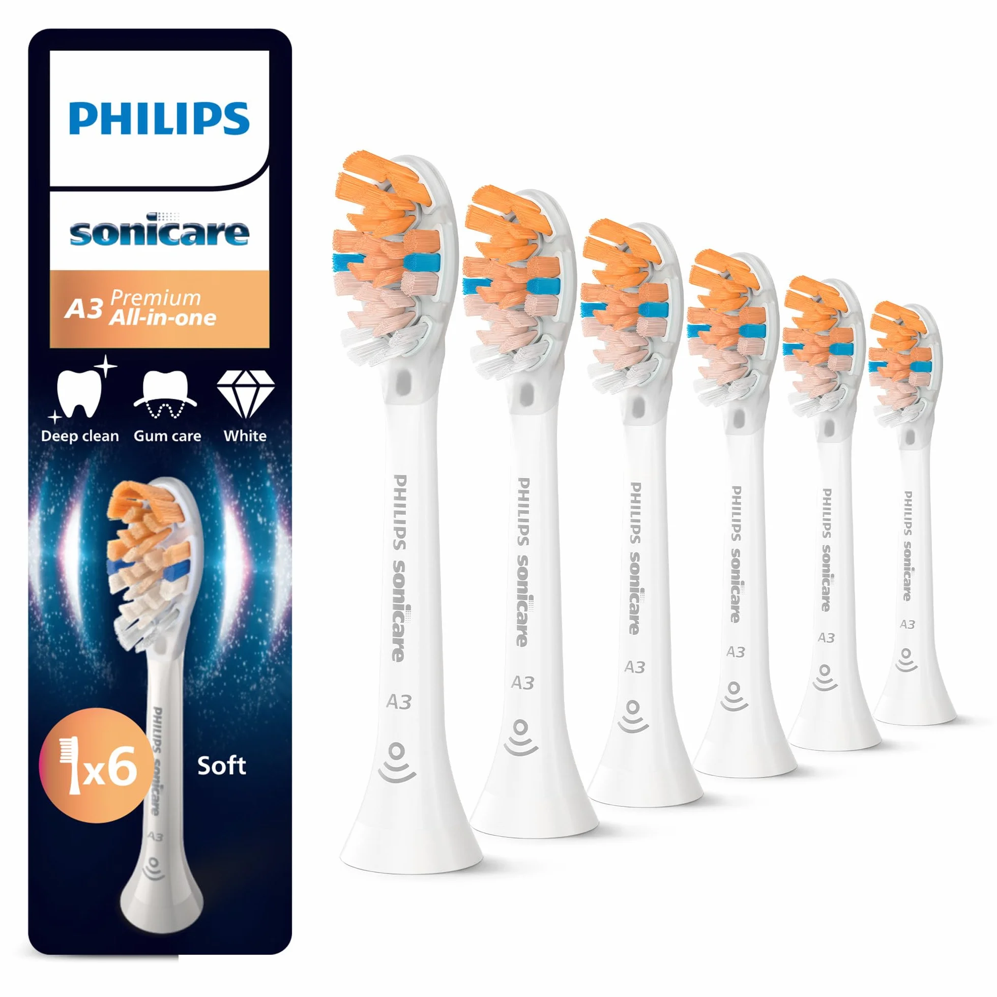 Philips Sonicare A3 Premium All-in-One, oryginalne wymienne główki szczoteczki, kolor biały, 6 sztuk w opakowaniu, HX9096/87, Nowy