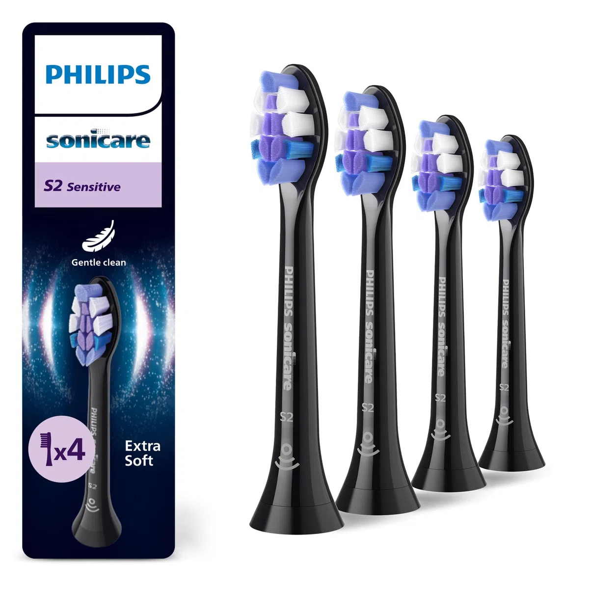 Philips Sonicare S2 Sensitive, oryginalne wymienne końcówki szczoteczki sonicznej, kolor czarny czteropak, HX6054/88