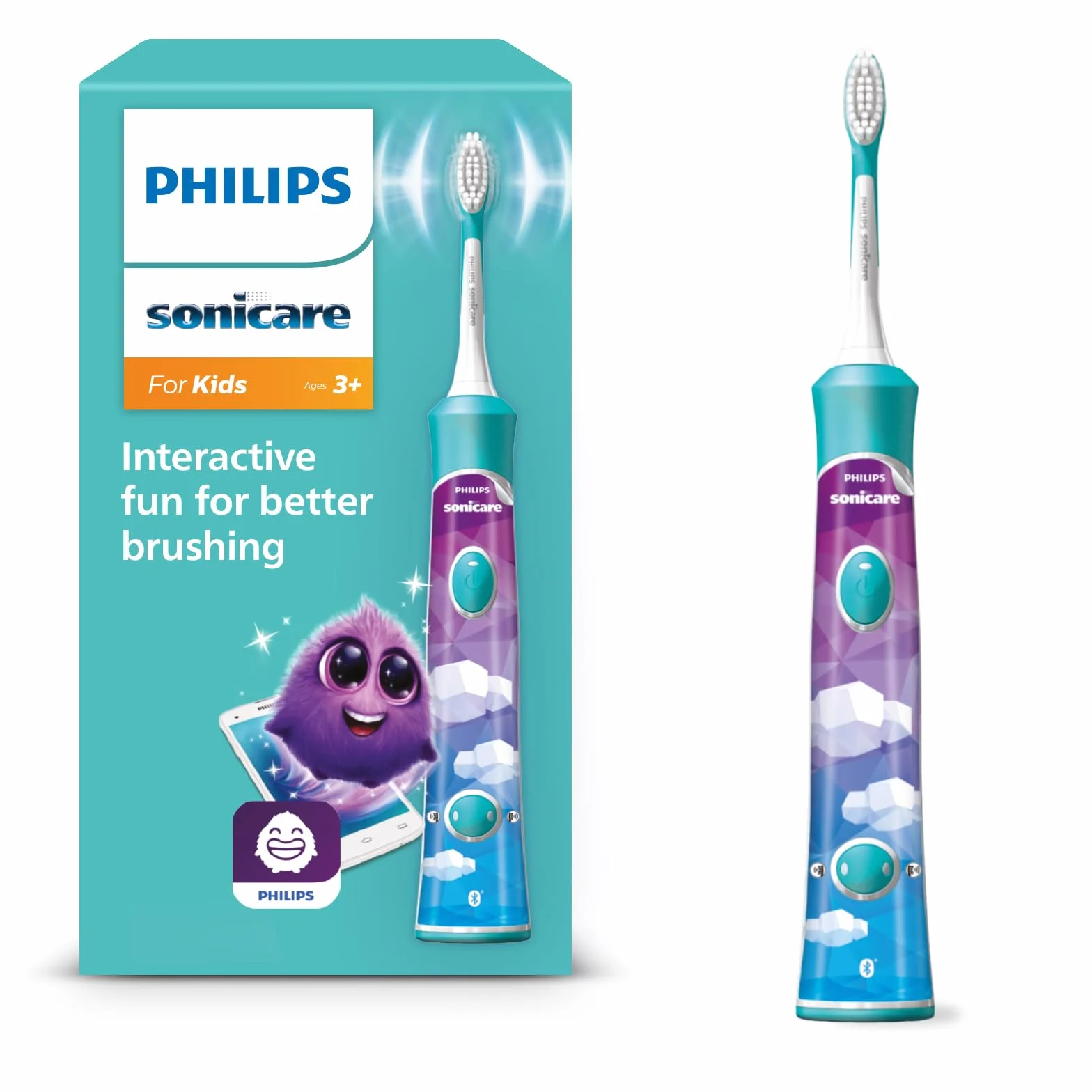 Philips Sonicare For Kids, elektryczna szczoteczka soniczna z aplikacją, dla dzieci w wieku od 3 lat, z funkcją SmarTimer i QuadPacer do dokładnego czyszczenia, kolor turkusowy, model HX6322/04