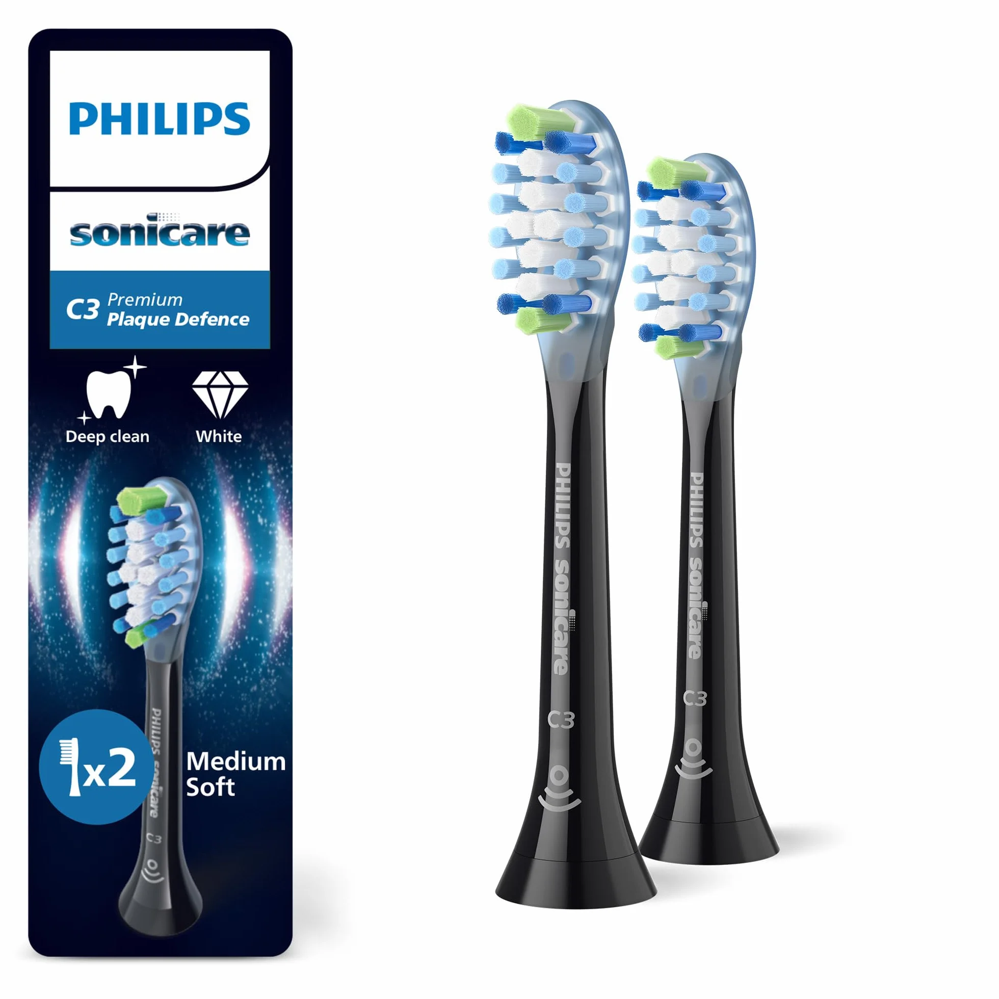 Philips Sonicare C3 Premium Plaque Defence, oryginalne wymienne główki szczoteczki, kolor czarny, 2 sztuki w opakowaniu, HX9042/88, Nowy