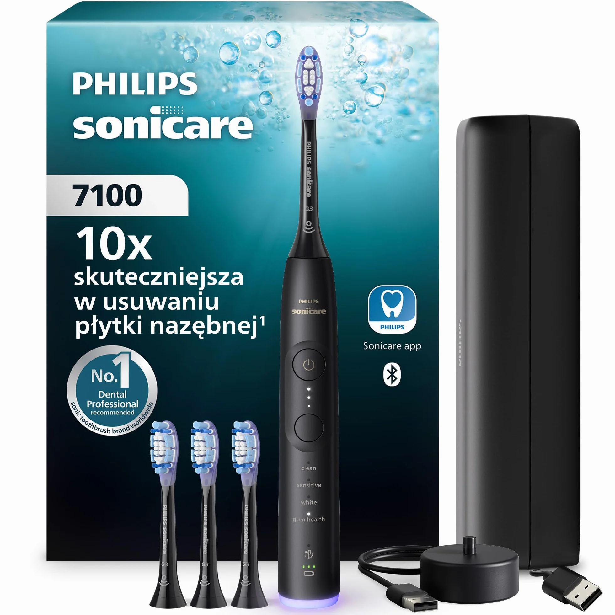 Philips Sonicare 7100 Elektryczna szczoteczka do zębów, szczoteczka soniczna z aplikacją, 4 trybami szczotkowania, 3 poziomami intensywności, alert nacisku, kolor czarny, HX7421/08 [Nowa technologia]
