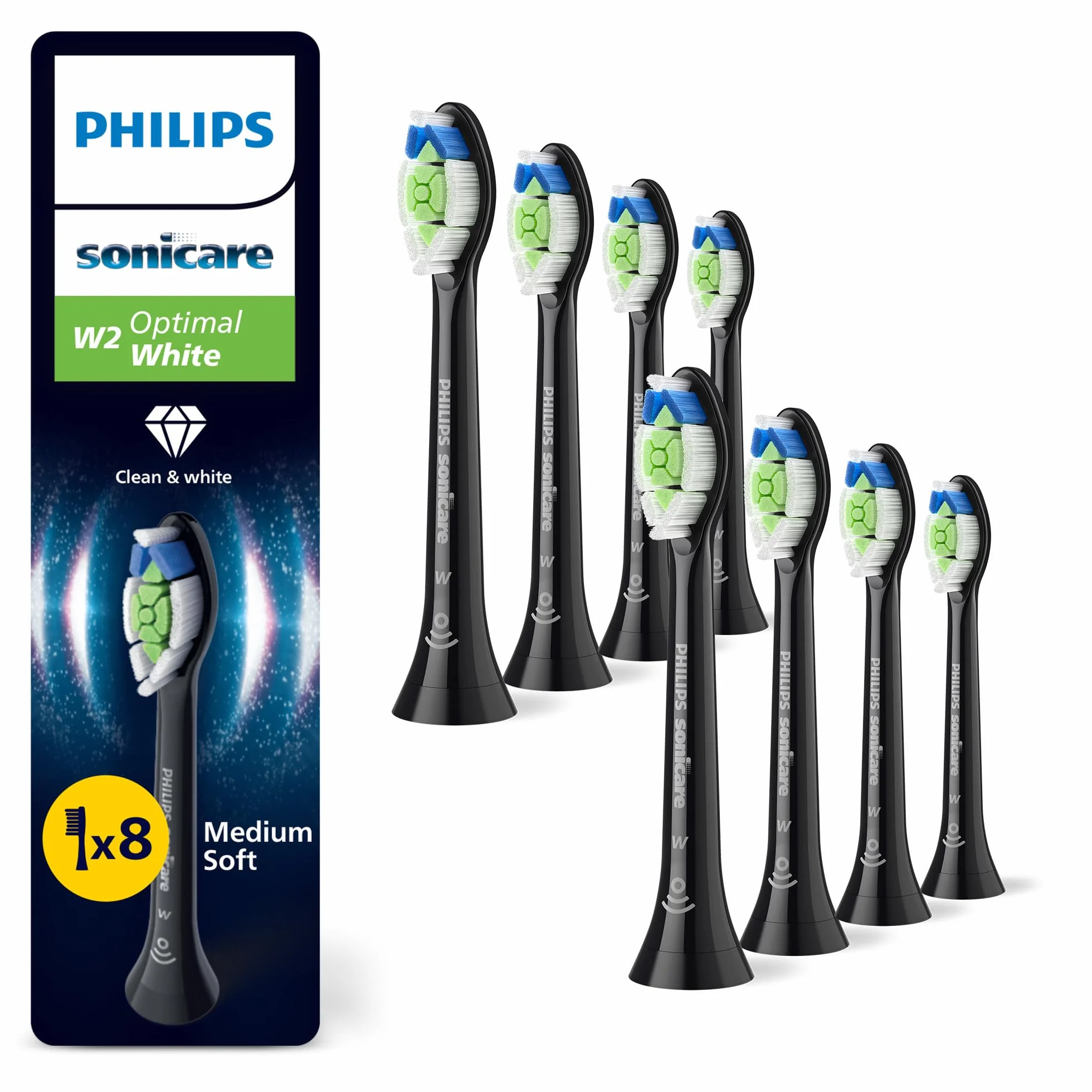 Philips Sonicare W2 Optimal White, oryginalne wymienne główki szczoteczki, kolor czarny, 8 sztuk w opakowaniu, HX6068/88, Nowy