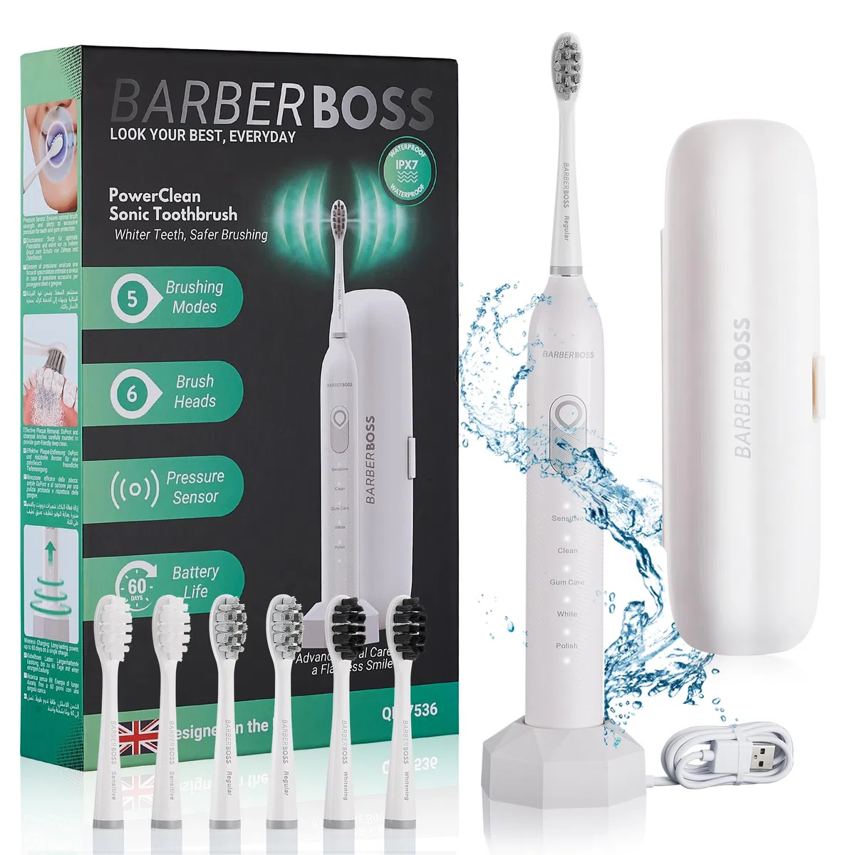 BarberBoss Soniczna Szczoteczka Elektryczna Zębów, szczoteczka do zębów dorosłych z 5 trybami, 3 wymiennymi końcówkami, inteligentnym timerem, etui podróżnym, usuwanie płytki nazębnej, QR-7536(biały)