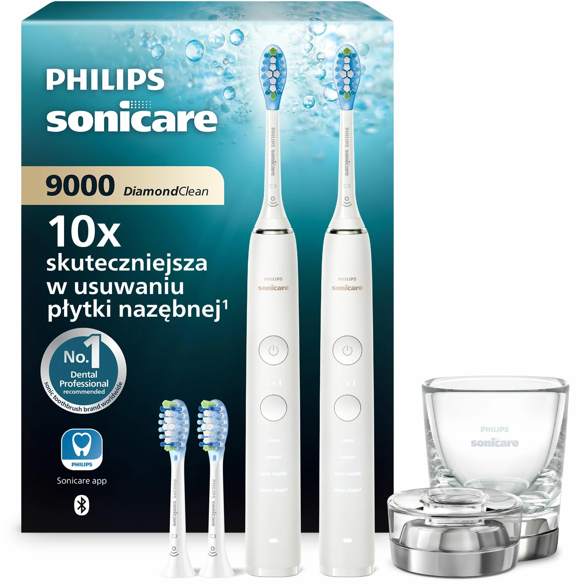 Szczoteczka elektryczna Philips Sonicare DiamondClean 9000, podwójne opakowanie, szczoteczka soniczna z aplikacją, czujnik nacisku, szklanka do ładowania, kolor biały, model HX9914/62