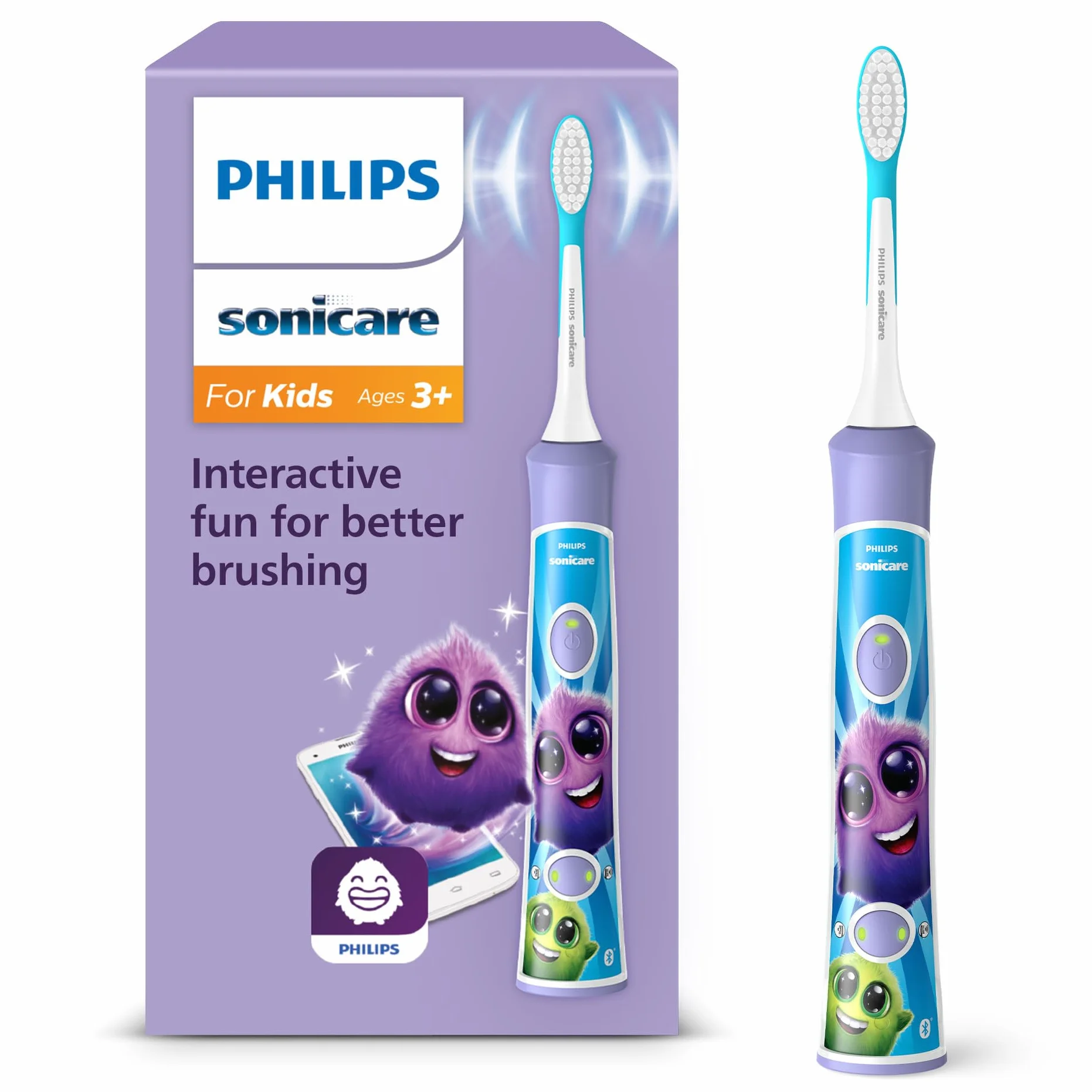 Szczoteczka soniczna Philips Sonicare dla dzieci powyżej 3 lat, mobilna aplikacja, funkcje SmarTimer i QuadPacer, kompleksowe czyszczenie, kolor fioletowy, model HX6322/12