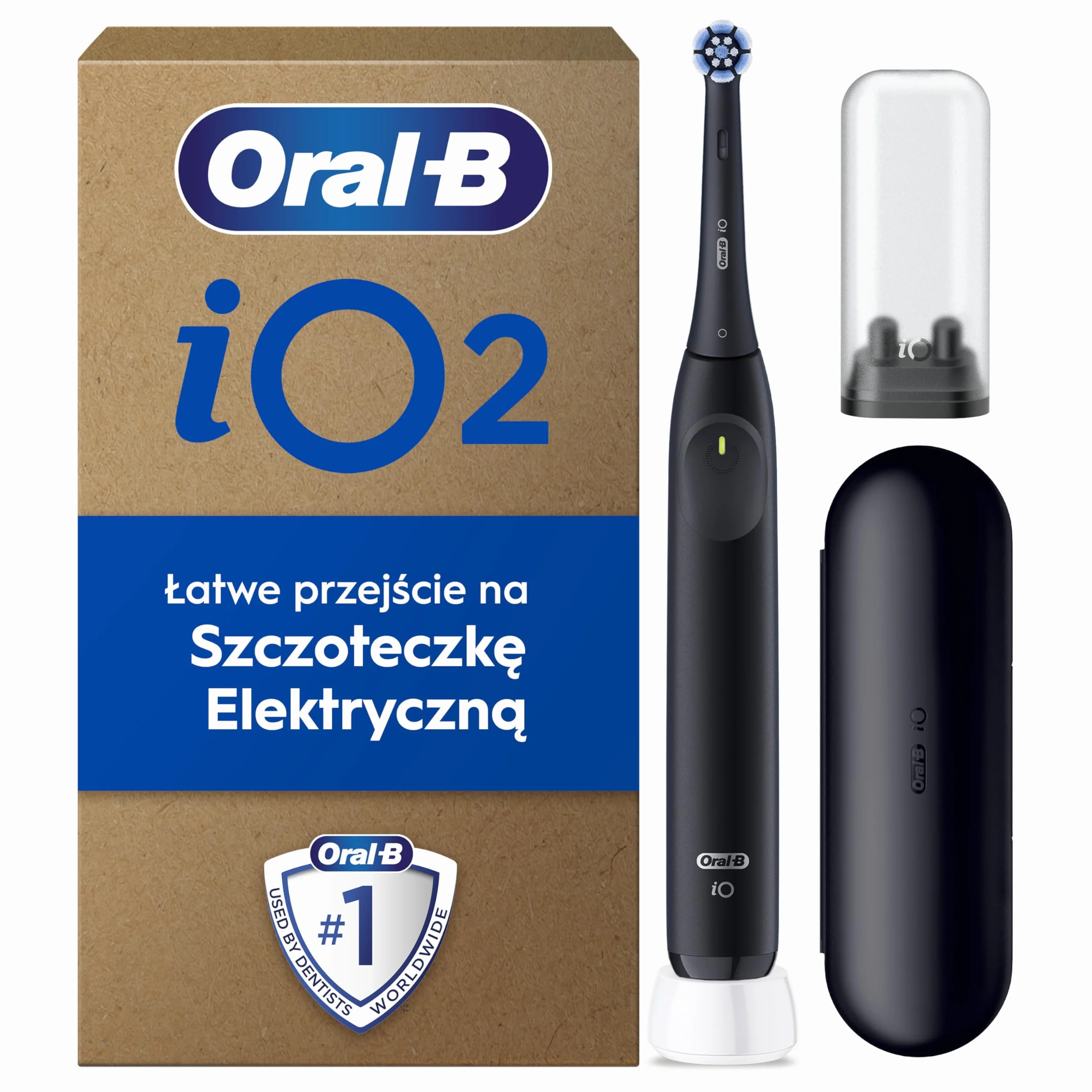 Oral-B iO 2 Night Black Szczoteczka elektryczna, 1 końcówka do szczoteczek elektrycznych, 1 etui podróżne, 1 podróżny uchwyt na końcówkę wymienną, stworzone w technologii Braun