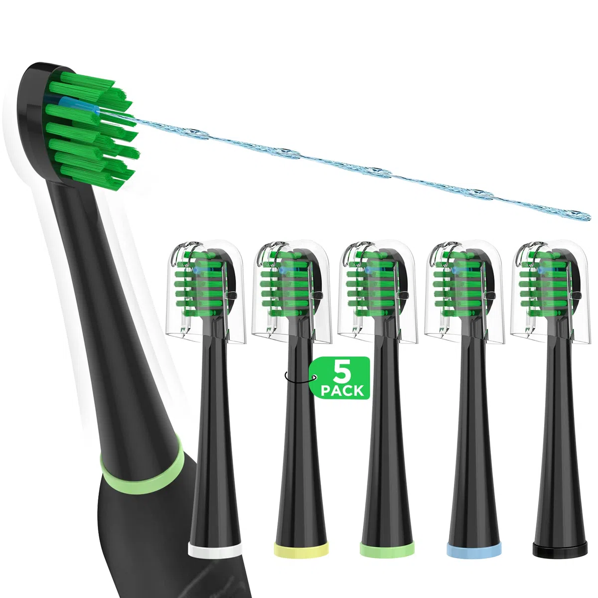 Wymienne końcówki do szczoteczki do zębów Water Pik Sonic Fusion (SF-01 / SF-02 / SF-03 / SF-04), kompaktowe, z pokrywkami, 5 sztuk, czarne