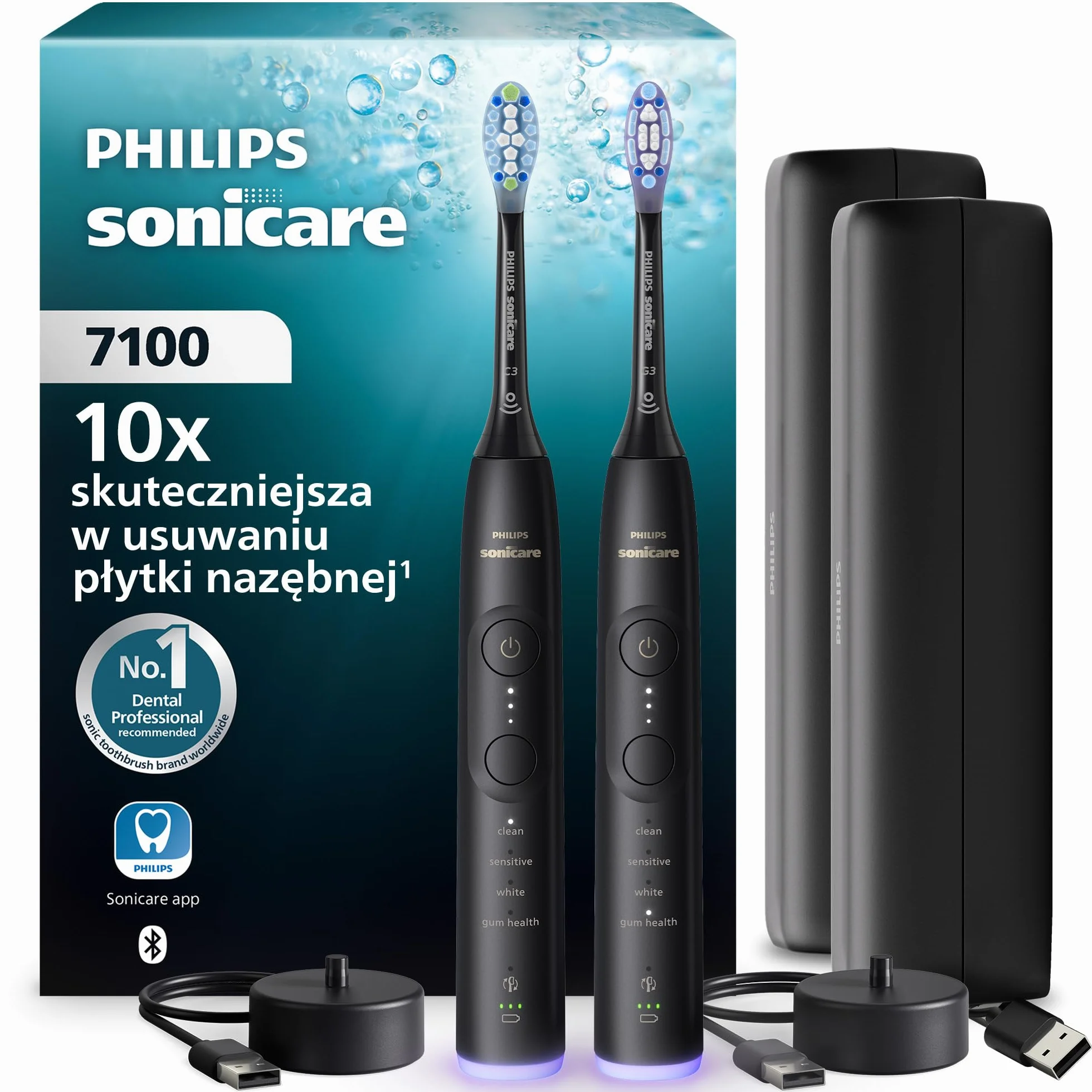 Philips Sonicare 7100 Elektryczna szczoteczka do zębów, szczoteczka soniczna z aplikacją, alert nacisku, EasyStart, SmarTimer i BrushPacer, kolor czarny, 2 szt., model HX7429/03 [Nowa technologia]