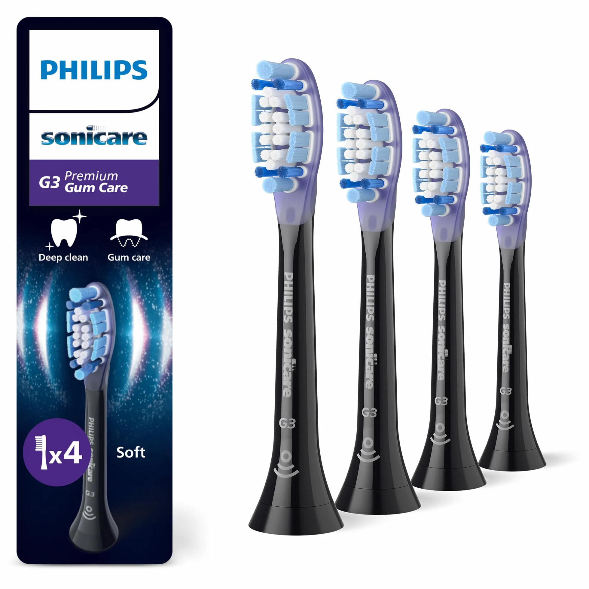 Philips Sonicare G3 Premium Gum Care, oryginalne wymienne główki szczoteczki, kolor czarny, 4 sztuki w opakowaniu, HX9054/88, Nowy