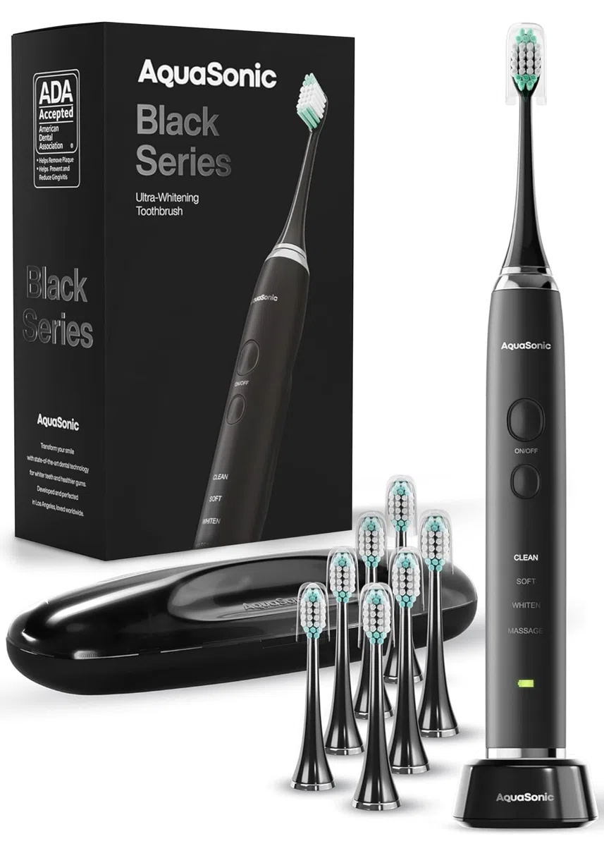 Aquasonic Black Series Ultra Whitening szczoteczka do zębów – elektryczna szczoteczka do zębów akceptowana przez ADA, 8 głowic szczoteczek i etui podróżne, silnik elektryczny 40 000 VPM i