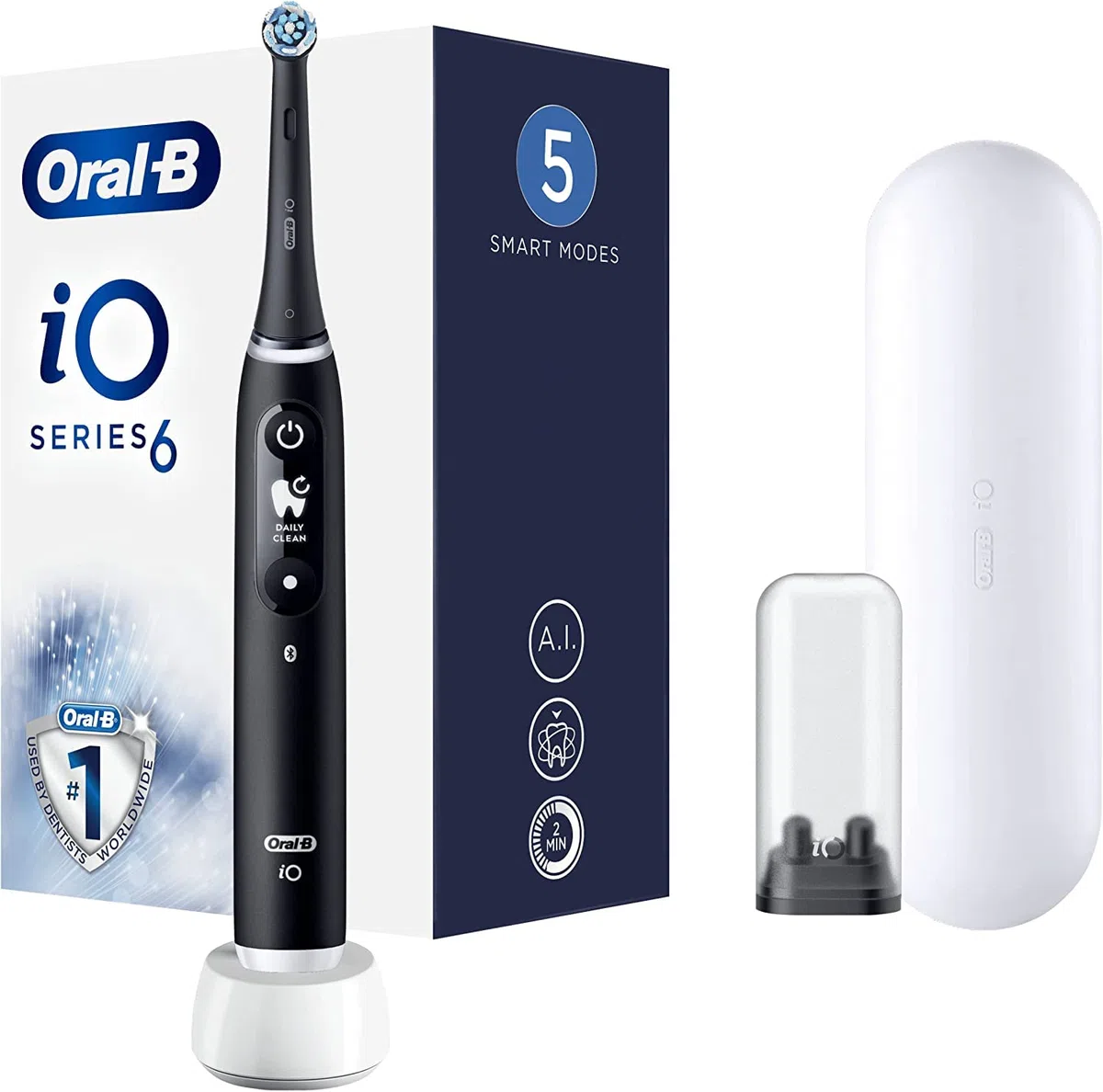 Oral-B iO Series 6 elektryczna szczoteczka do zębów, do ponownego ładowania, z 1 sztucznym uchwytem, czarna, 1 szczotka i 1 etui podróżne