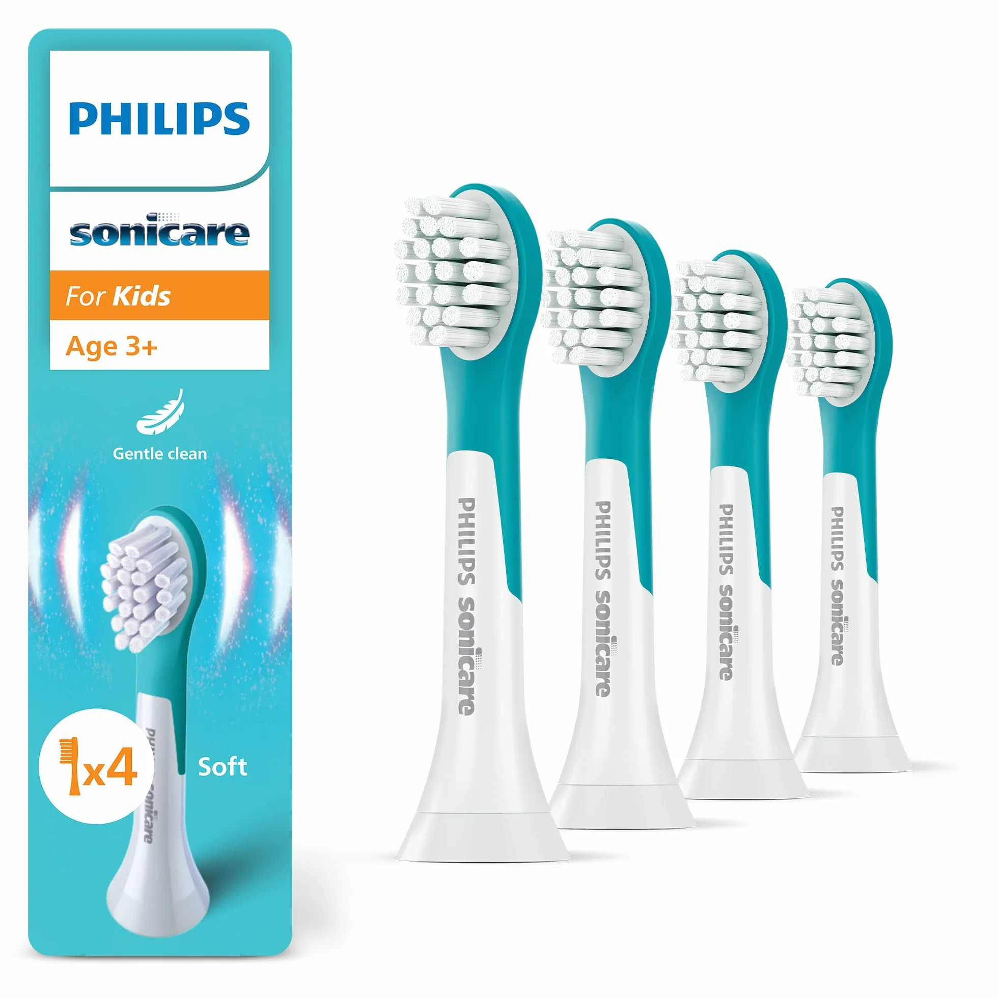 Philips Sonicare For Kids, oryginalne wymienne główki szczoteczki dla dzieci w wieku od 3 lat, 4 sztuki w opakowaniu, HX6034/90, Nowy