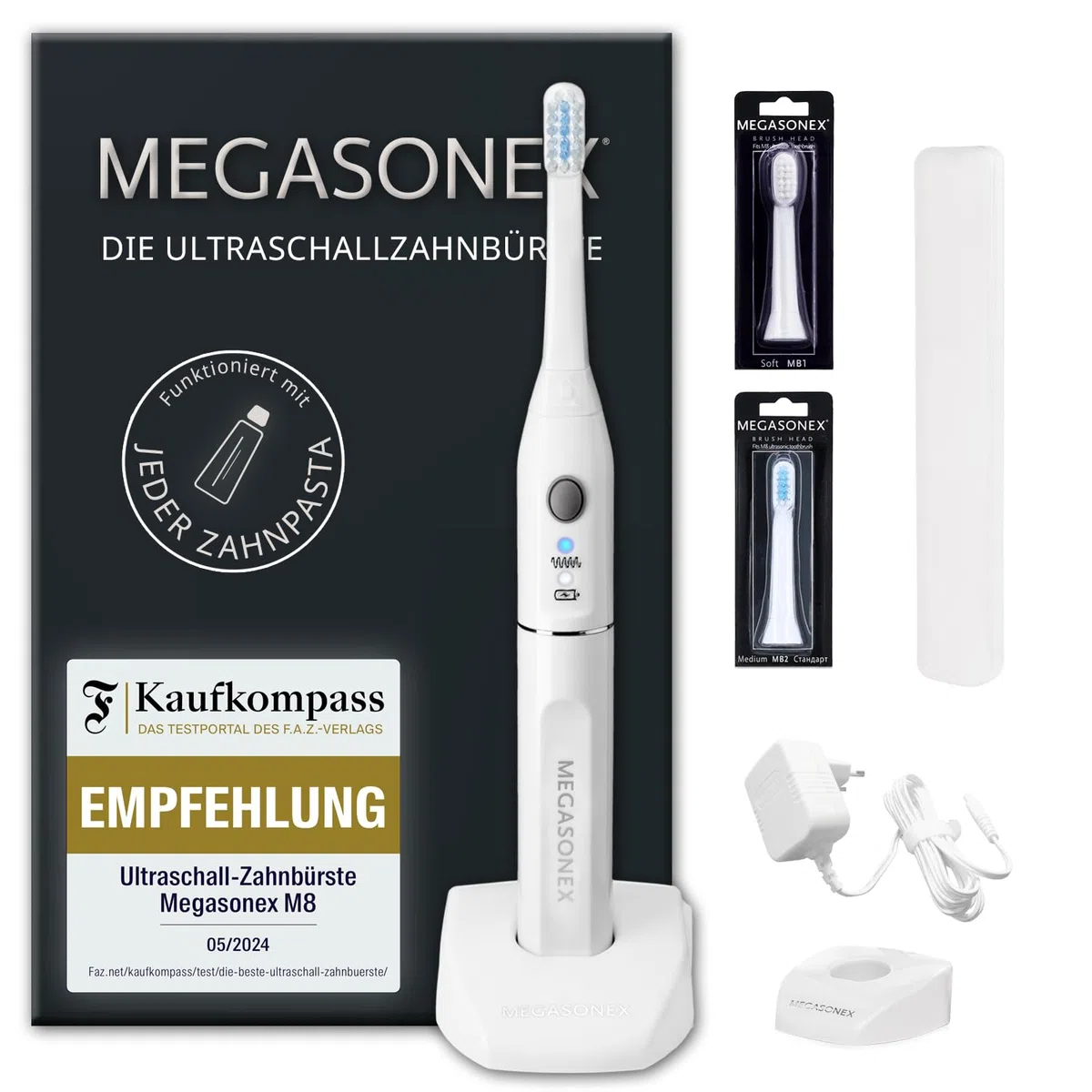 Megasonex Zestaw ultradźwiękowej szczoteczki do zębów M8 - z 3 poziomami wibracji - w zestawie stacja ładująca, 2 głowice szczoteczki i etui podróżne