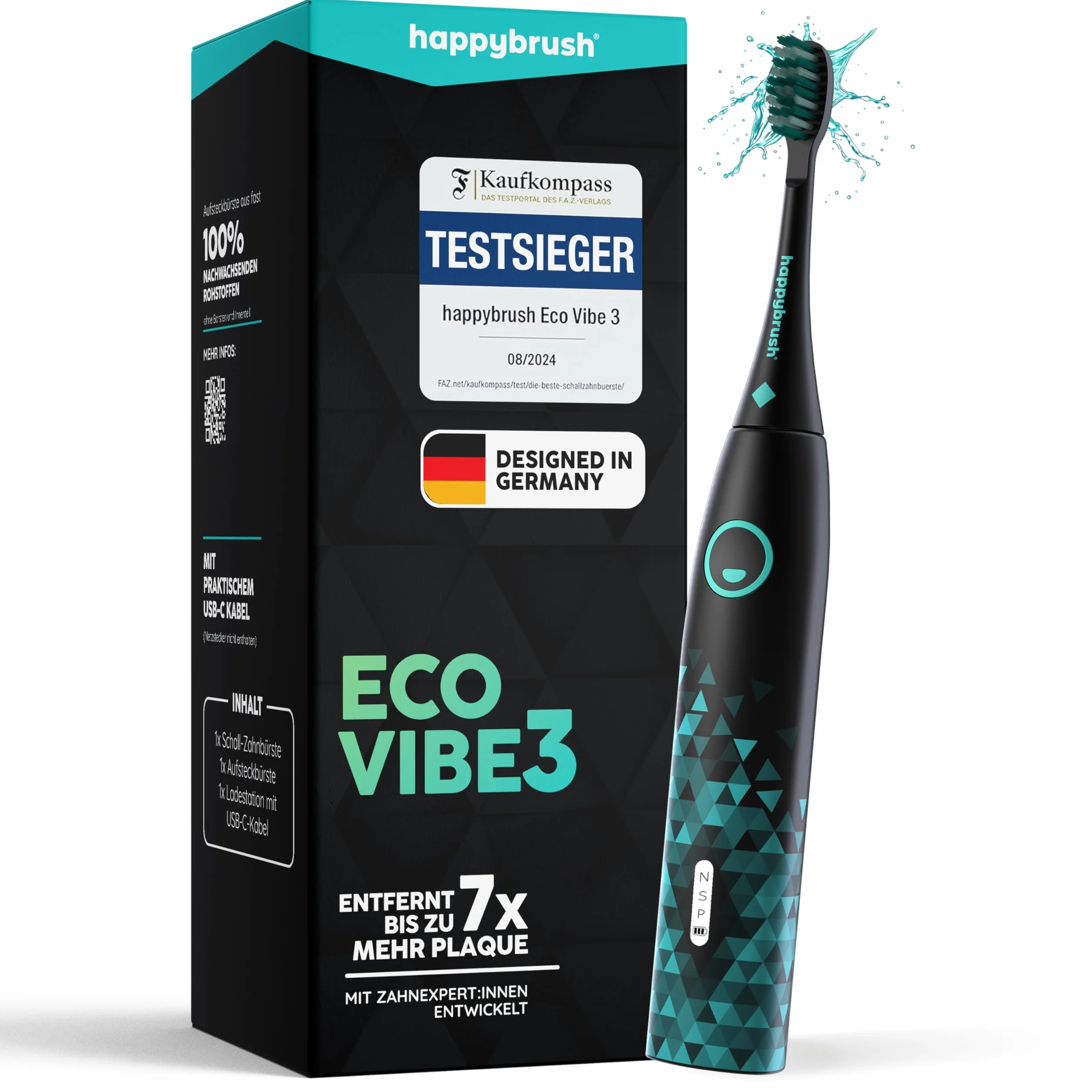 happybrush Soniczna szczoteczka do zębów Eco Vibe 3 – zwycięzca testu 2024-100 dni testu – elektryczna szczoteczka do zębów z akumulatorem 6 tygodni – ultradźwiękowe szczoteczki do zębów – czarny