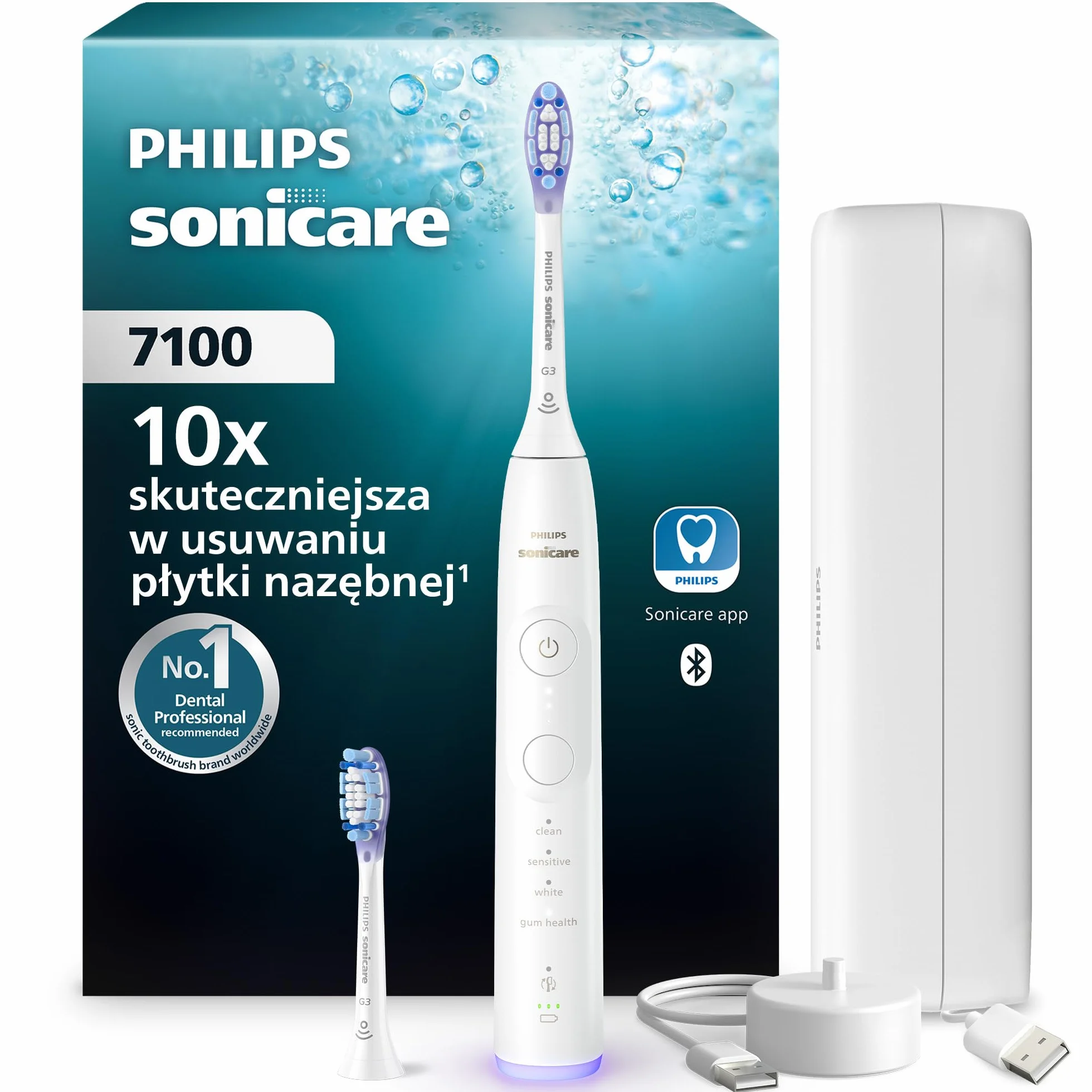 Philips Sonicare 7100, elektryczna szczoteczka do zębów, szczoteczka soniczna z aplikacją, 4 tryby szczotkowania, 3 poziomy intensywności, EasyStart, kolor biały, HX7420/02 [Nowa technologia]