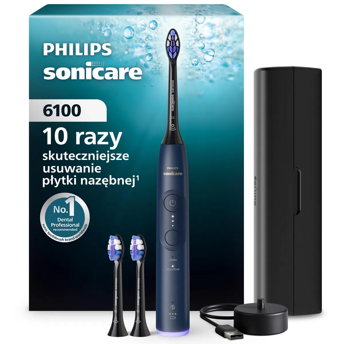Philips Sonicare z serii 6100 – technologia nowej generacji, czujnik siły nacisku, 6 ustawień szczotkowania, SmarTimer i BrushPacer, 21 dni użytkowania, 1 x etui podróżne, Navy Blue, model HX7403/07